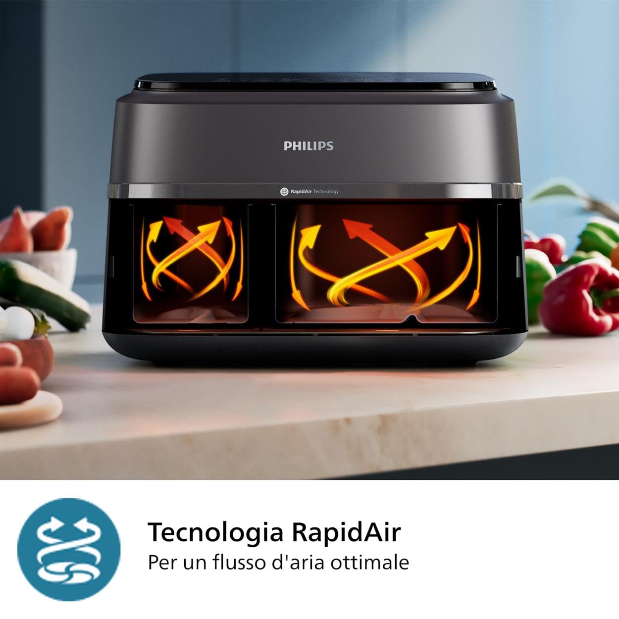 Philips Airfryer Serie 3000 con doppio cestello, 9L, Friggitrice ad aria con 2 cestelli, Kit Per La Colazione, Tecnologia Rapid Air, versatile e capiente per tutta la famiglia