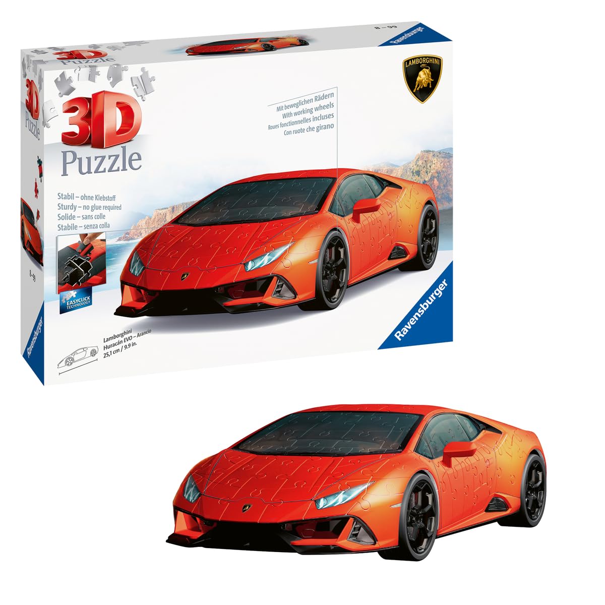 Ravensburger - Puzzle 3D, Lamborghini Huracán Evo Arancione, per Adulti e Bambini 8+ Anni, Idea Regalo, Modellismo Auto, Regali Natale, 156 Pezzi, 32 accessori