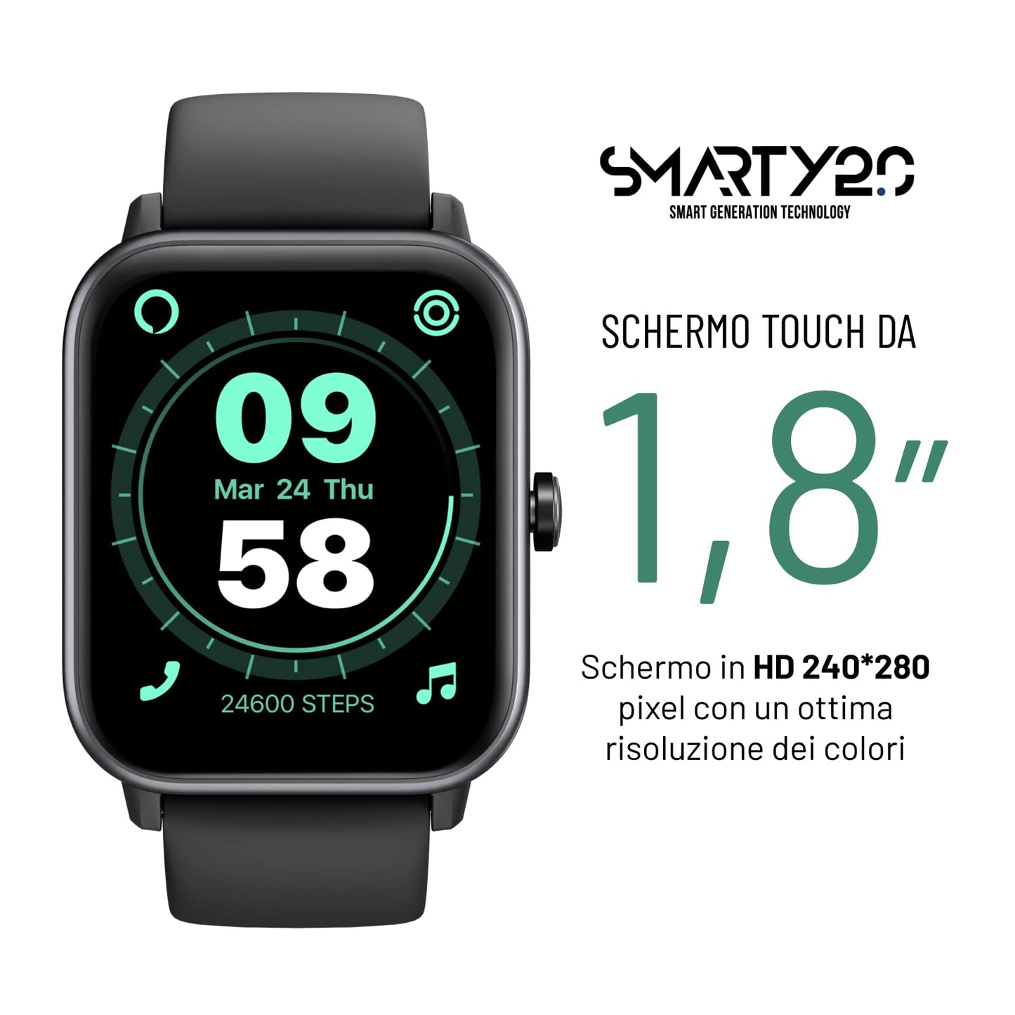 SMARTY2.0 - Smartwatch SW038A - Colore Nero - Assistente Vocale Alexa Integrata, Chiamate Bluetooth, 14 Modalità Sport, Display da 1.8" - Cinturino in Silicone - Dimensioni 46.5 x 40.5 x 13 mm