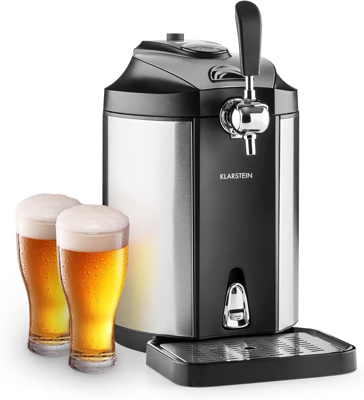 Klarstein Skal - Spillatore Birra, Spillatrice, Spillatore Birra da Casa 5 Litri, 3 x Cartuccia a Pressione CO² e Adattatore, Display LED, Silenzioso, 2-12 °C, Vassoio Gocce, Acciaio Inox, Argento