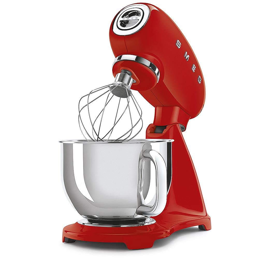 Smeg, Impastatrice Planetaria SMF03RDEU, 10 Livelli di Velocità, Funzione Smooth Start, Ciotola da 4,8 L, Sicurezza Blocco Motore, 3 Fruste, Gancio e Coperchio in Dotazione, 800W, Rosso