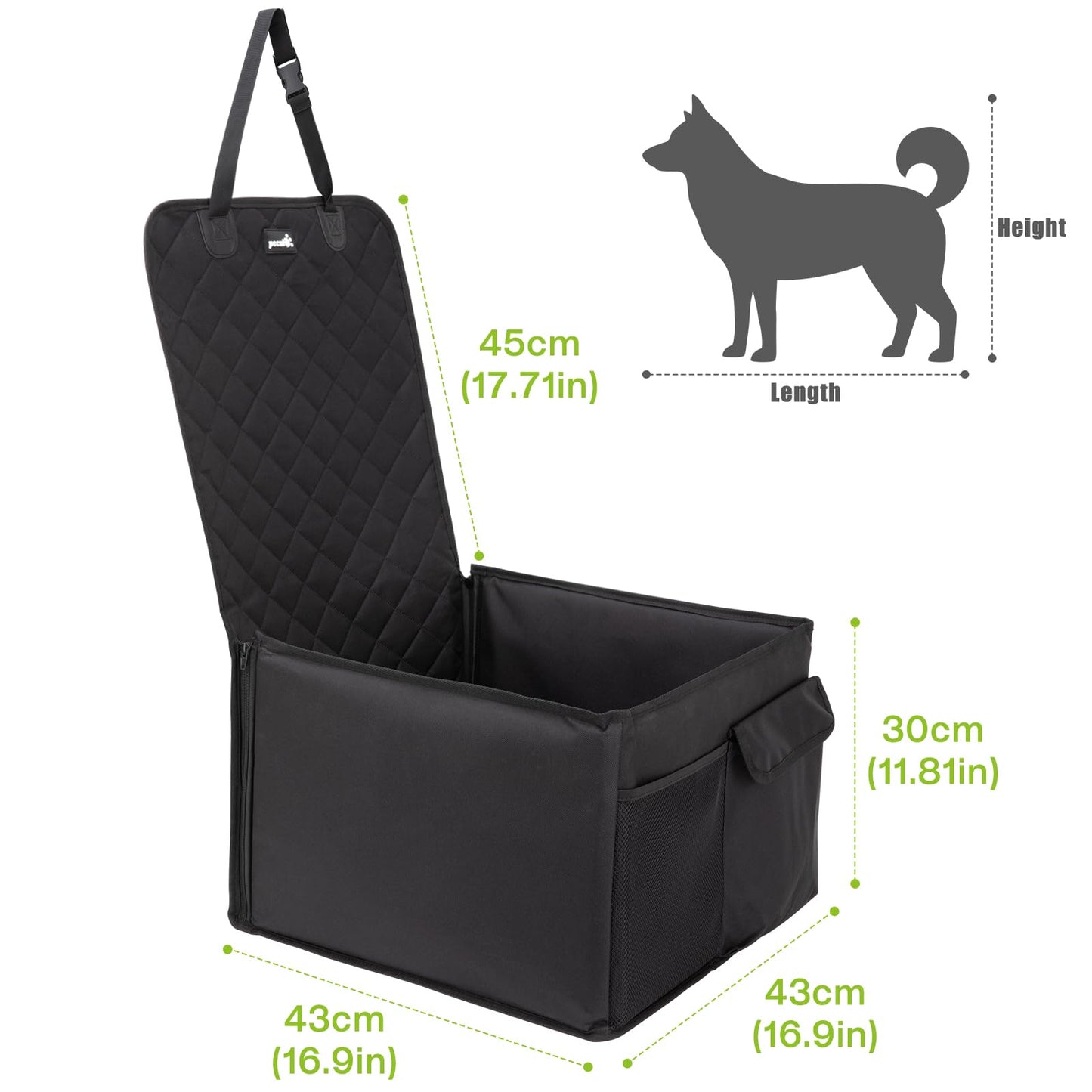 Pecute Seggiolino Auto per Cani(43x43x30 cm), Cuscino per seggiolino Auto Cane Impermeabile, Trasportini per Cani da Auto Sicuro e Protetto, Tasche Multiple, Adatto per Cani di Piccola e Media Taglia