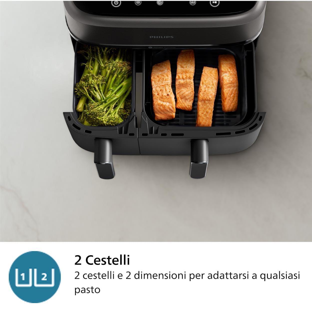 Philips Airfryer Serie 3000 con doppio cestello, 9L, Friggitrice ad aria con 2 cestelli, Kit Per La Colazione, Tecnologia Rapid Air, versatile e capiente per tutta la famiglia