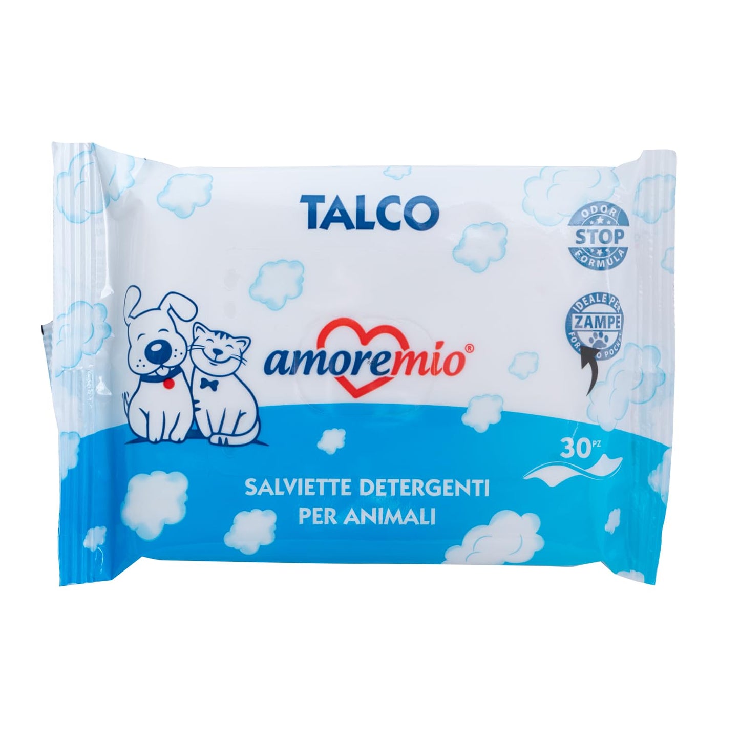 AMORE MIO 150 Salviette Tascabili al Talco Extra Large per Il Manto di Cani, Gatti e Animali Domestici, Disinfettanti e Igienizzanti, 19x13 cm - 5 Confezioni da 30 Salviettine