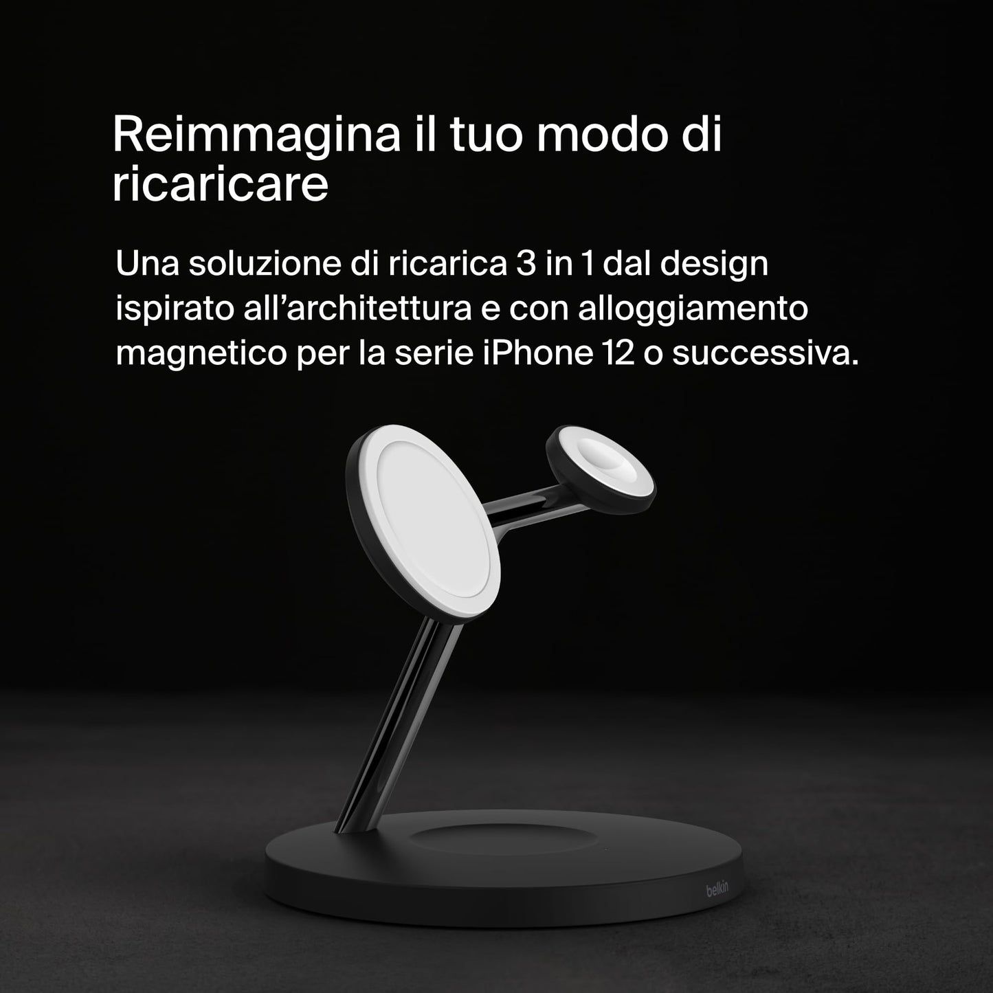 Belkin Caricabatterie wireless 3 in 1 con MagSafe, caricatore wireless rapida per iPhone (15 W) e per Apple Watch, stazione di ricarica per iPhone 16, 15, 14, 13, 12, Apple Watch e AirPods - nero