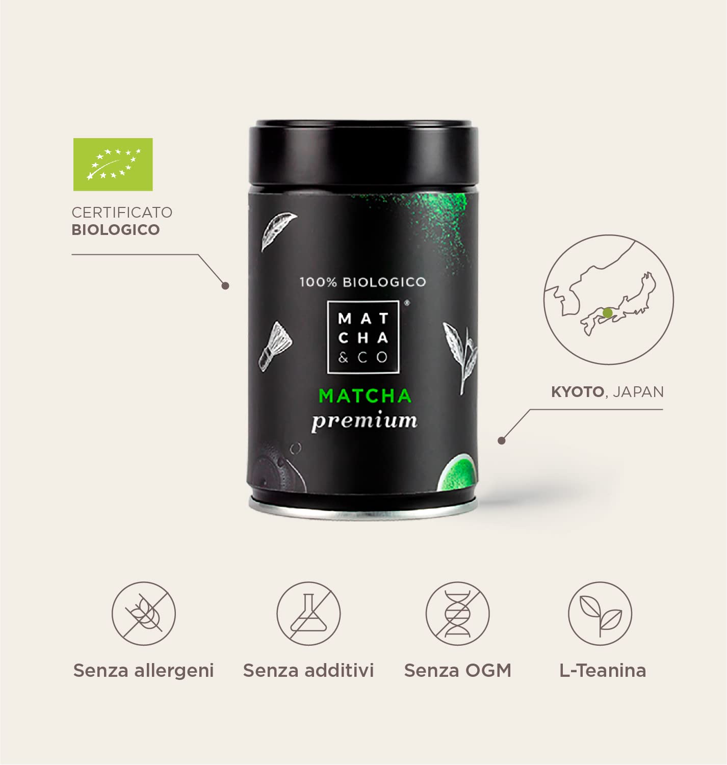 Tè Matcha Ceremoniale Premium 100% biologico di alta qualità, 80g. Tè verde biologico in polvere dal Giappone. Tè Matcha biologico di qualità cerimoniale.