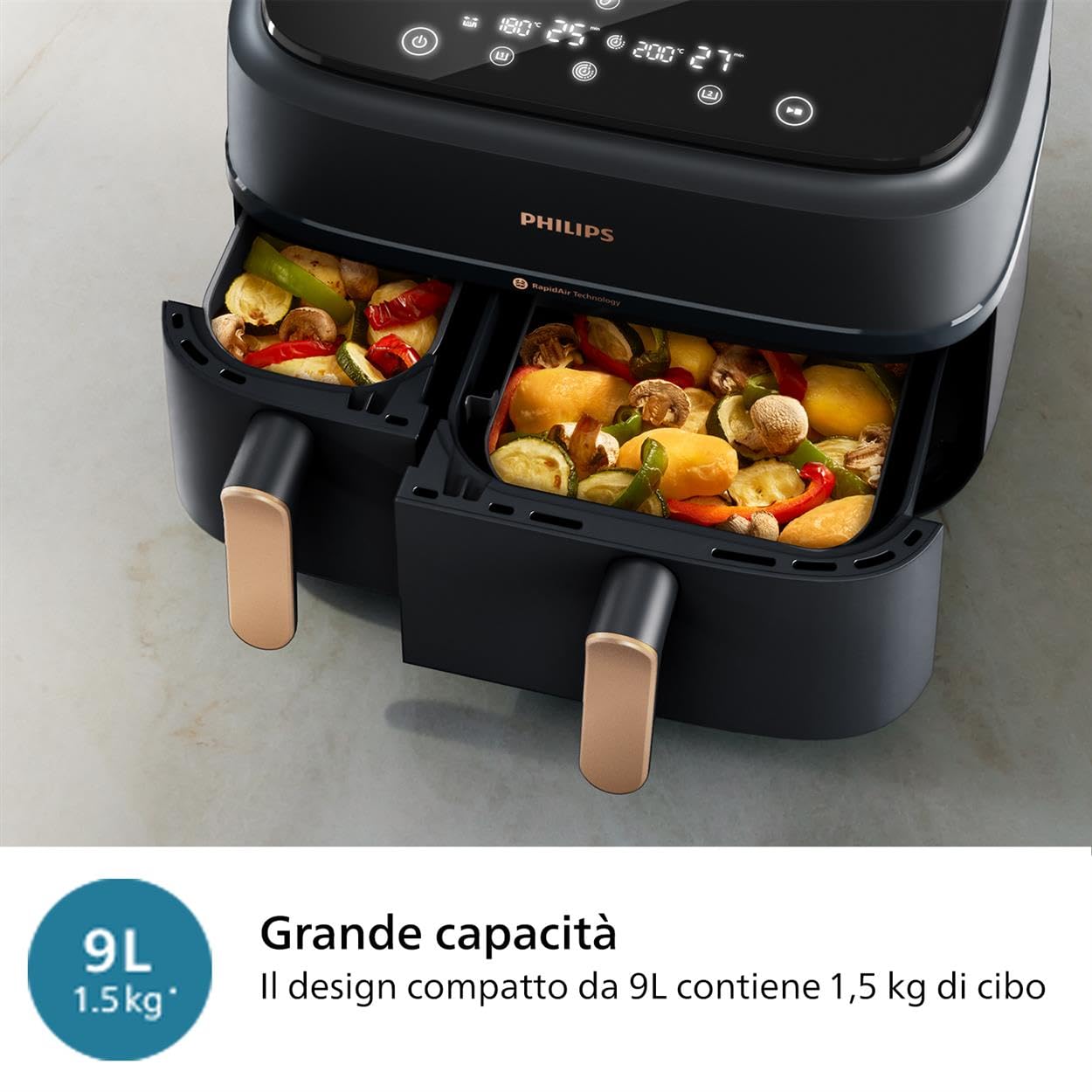 Philips Airfryer Serie 3000 con doppio cestello, 9L, Friggitrice ad aria con 2 cestelli, Kit Per La Colazione, Tecnologia Rapid Air, versatile e capiente per tutta la famiglia