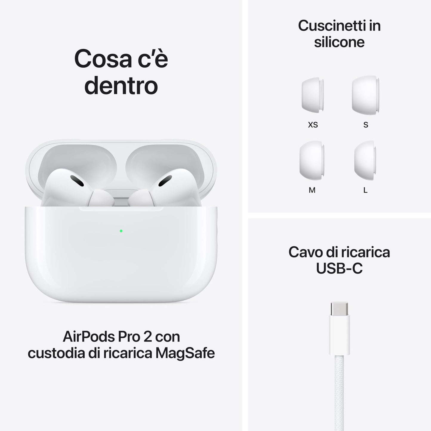 Apple AirPods Pro 2 Auricolari wireless, Auricolari Bluetooth, Cancellazione attiva del rumore, Funzione Apparecchio acustico, Trasparenza, Audio spaziale personalizzato, Alta fedeltà, Ricarica USB-C