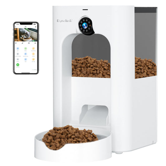 Distributore Automatico Cibo Gatti con Telecamera di Sorveglianza, 4L Dispenser Crocchette Gatto, Gioco Laser, Programma di Alimentazione Personalizzato, 15S Registrazione Vocale, Doppia Alimentazione