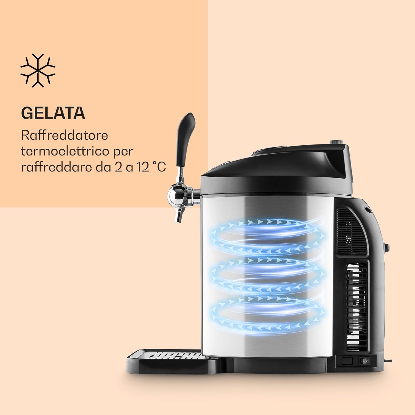 Klarstein Skal - Spillatore Birra, Spillatrice, Spillatore Birra da Casa 5 Litri, 3 x Cartuccia a Pressione CO² e Adattatore, Display LED, Silenzioso, 2-12 °C, Vassoio Gocce, Acciaio Inox, Argento