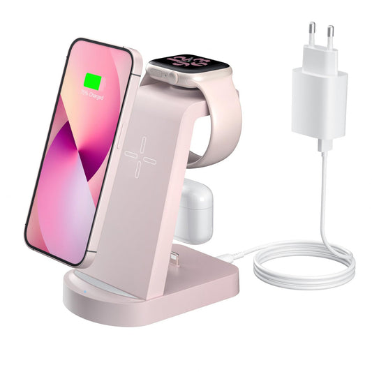 3 in 1 Caricatore Wireless,INNISTO 3 In 1 ricarica wireless station Compatibile Con i phone 15 14 13 12 11 Pro Max/Xs/Xr/X,Caricatore Apple Watch Ultra 9 8 7 6 5 4 3 2 SE,Airpods Pro/3/2/1 Rosa