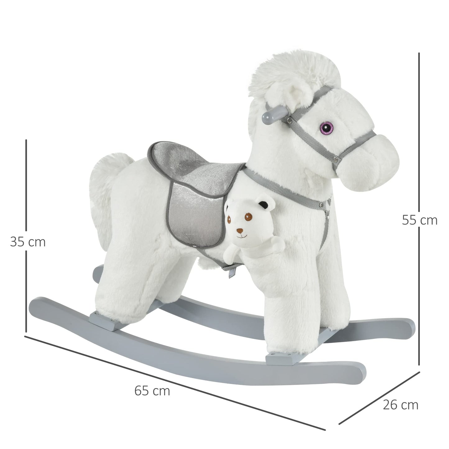 HOMCOM Cavallo a Dondolo per Bambini in Peluche e Legno con Suoni e Orsetto Incluso, per Bimbi da 18-36 Mesi, 65x26x55cm, Bianco