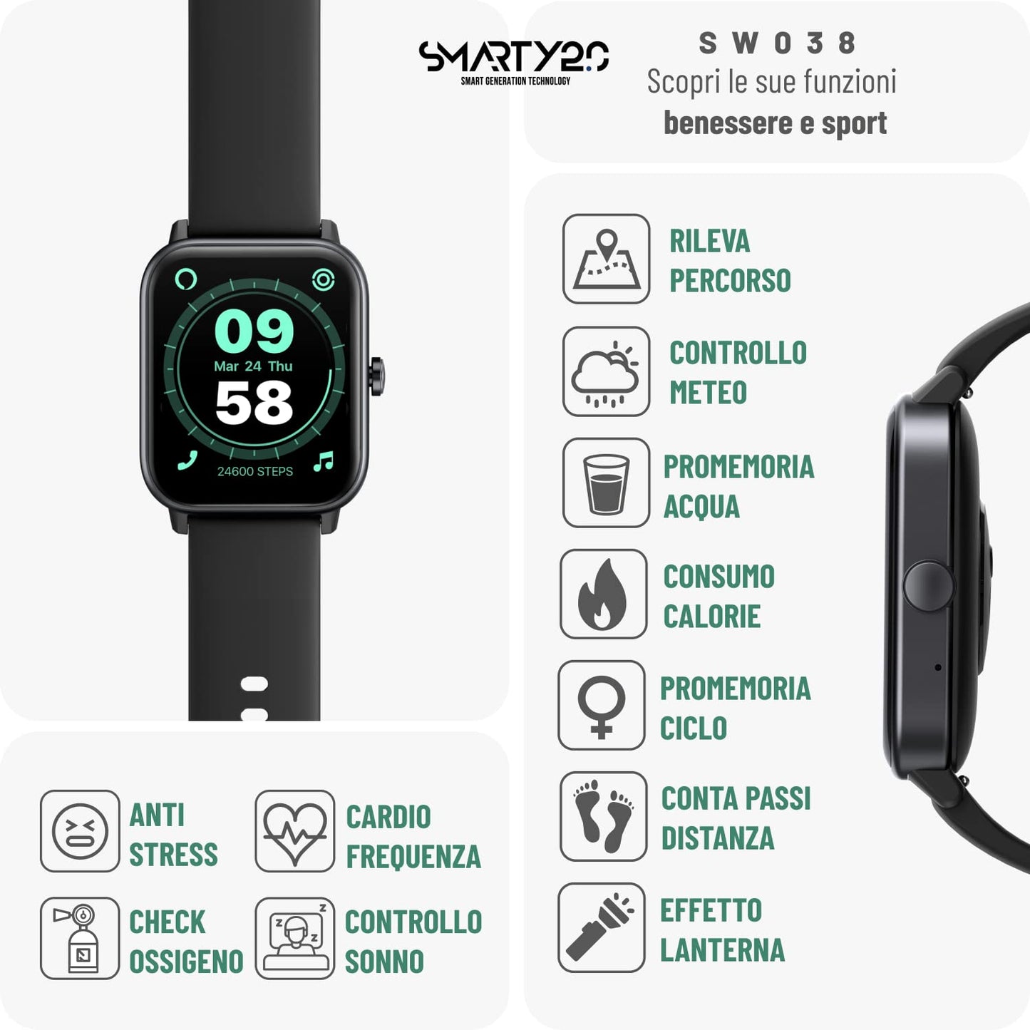 SMARTY2.0 - Smartwatch SW038A - Colore Nero - Assistente Vocale Alexa Integrata, Chiamate Bluetooth, 14 Modalità Sport, Display da 1.8" - Cinturino in Silicone - Dimensioni 46.5 x 40.5 x 13 mm