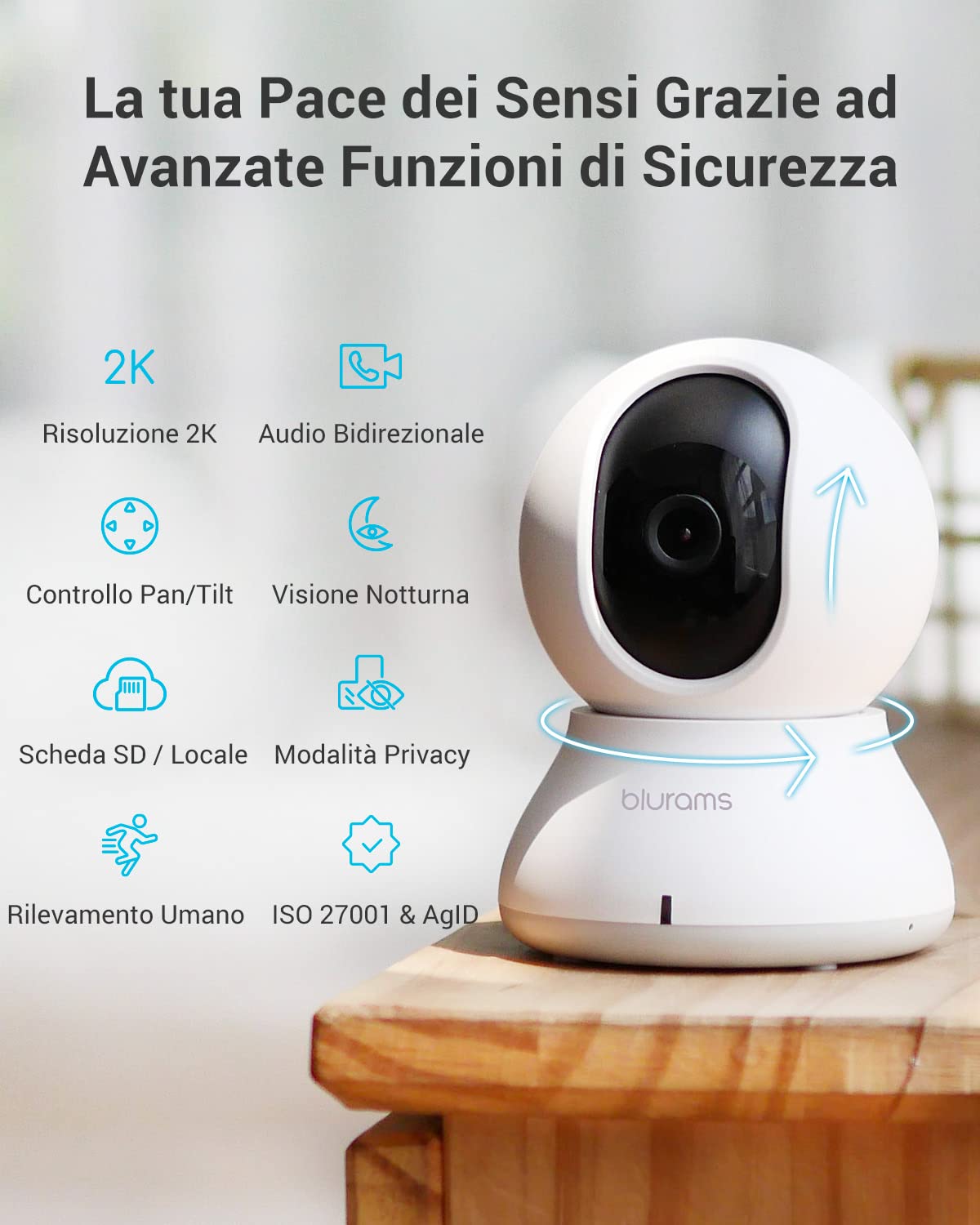 blurams Telecamera Wi-Fi Interno,2K Videocamera Sorveglianza,Rotazione a 360°,Visione Notturna, Tracciamento del Movimento,Audio Bidirezionale Compatibile con Alexa (2,4GHz/5GHz)