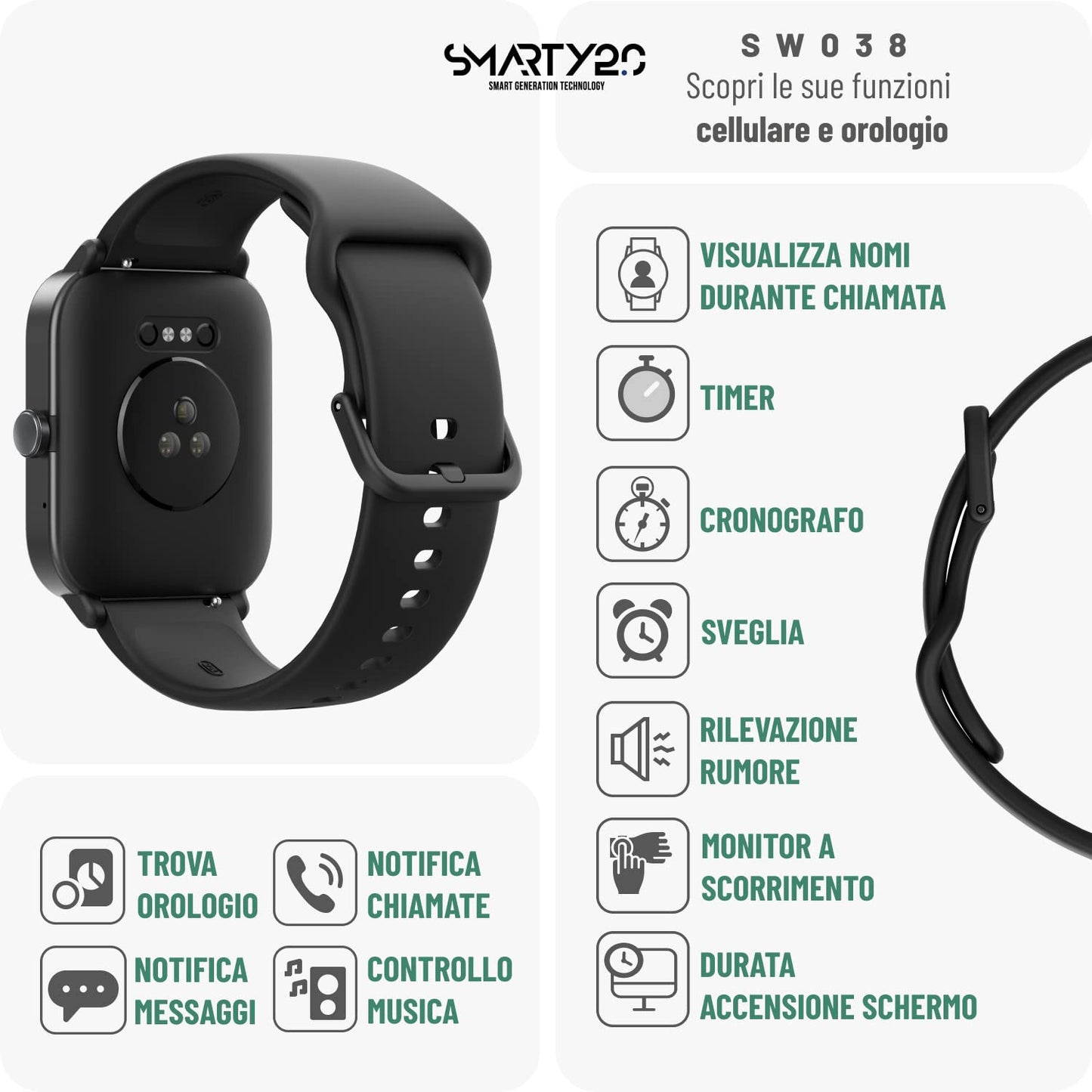 SMARTY2.0 - Smartwatch SW038A - Colore Nero - Assistente Vocale Alexa Integrata, Chiamate Bluetooth, 14 Modalità Sport, Display da 1.8" - Cinturino in Silicone - Dimensioni 46.5 x 40.5 x 13 mm