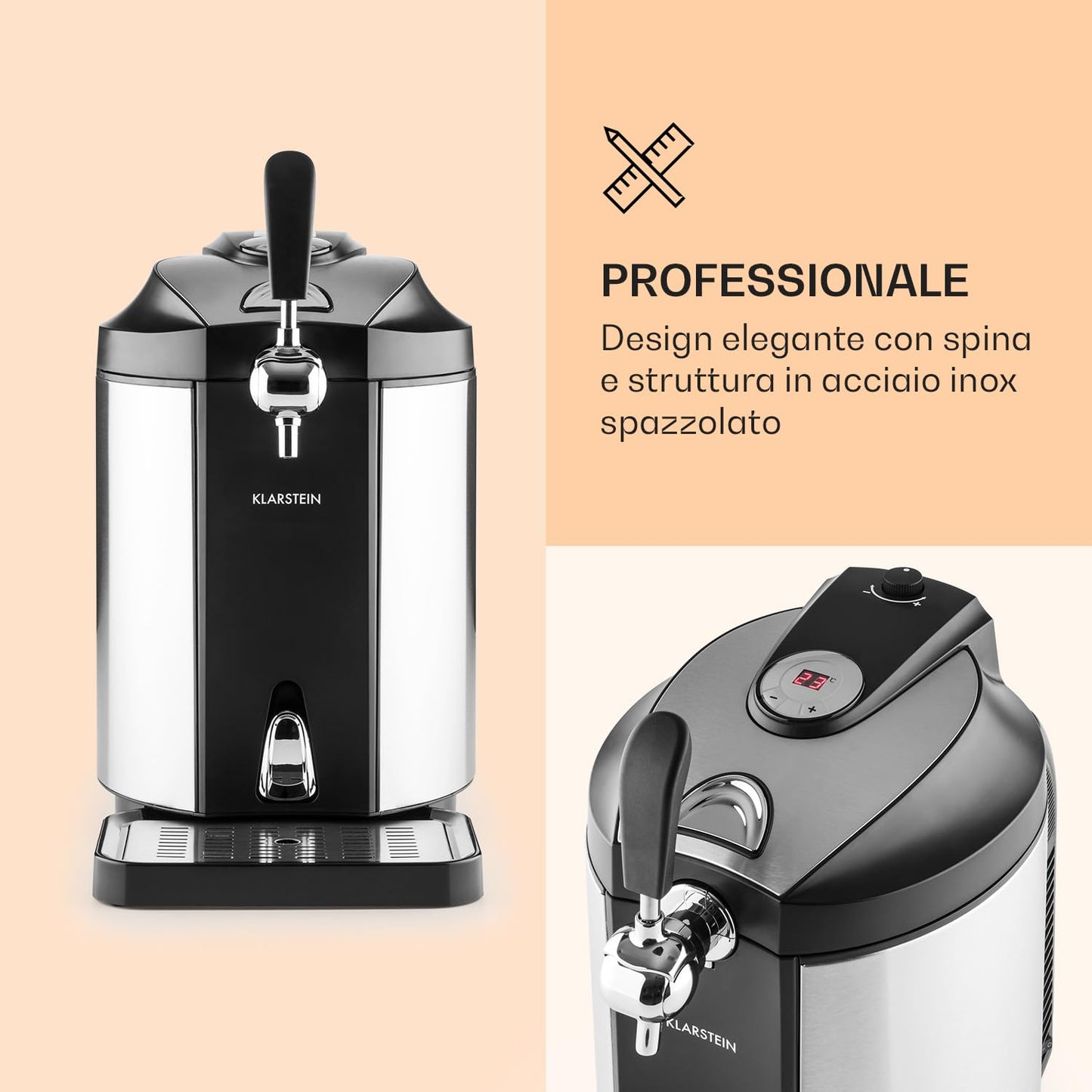 Klarstein Skal - Spillatore Birra, Spillatrice, Spillatore Birra da Casa 5 Litri, 3 x Cartuccia a Pressione CO² e Adattatore, Display LED, Silenzioso, 2-12 °C, Vassoio Gocce, Acciaio Inox, Argento