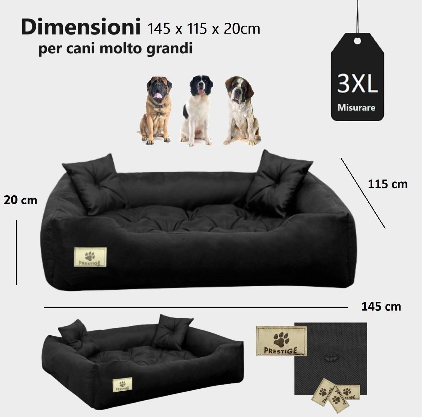 KING DOG Letto per Cani Molto Grande Taglia 3XL 145x115 cm | Cuscino per Cani Impermeabile | Divano per Cani Adatto al Lavaggio | Cuccia Cane Interno | Brandina per Cani Nero