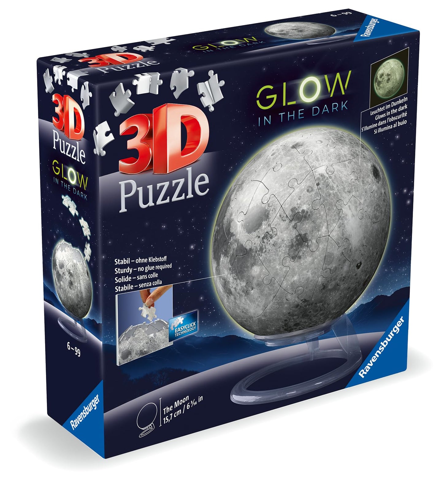 Ravensburger - Puzzle 3D, Luna Glow in the Dark, Costellazioni, per Adulti e Bambini 6+ Anni, Idea Regalo, 72 Pezzi, Include Supporto per Esporlo