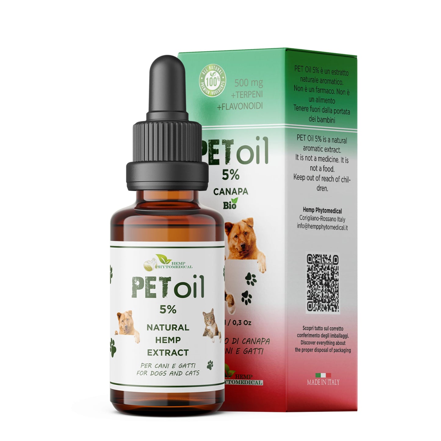 HEMP PHYTOMEDICAL Pet Oil 5% CBD Certificato - Olio di Canapa Biologico - Per il Benessere di Cani e Gatti. Puro Senza Sostanze Chimiche. Massima Tollerabilità 10 ml