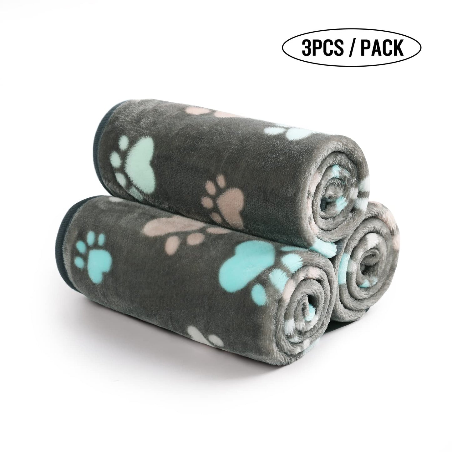 luciphia 3 Pezzi Coperta per Cane/Gatto Lavabile Soffice Durevole, Morbida e Calda Flanella Grigio Zampe di Cuore Medium (76 * 52cm)