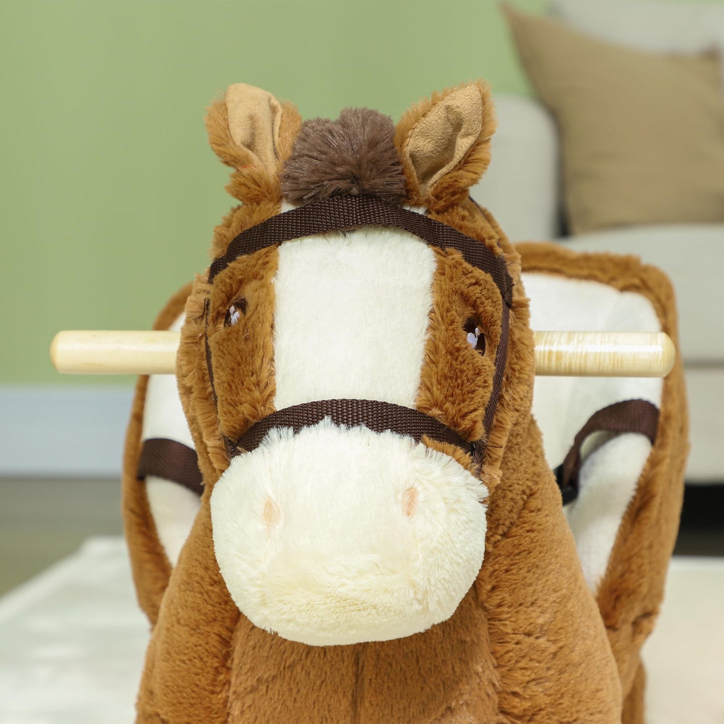 AIYAPLAY Cavallo a Dondolo per Bambini 18-36 Mesi, Cavallino in Peluche con Suoni, Base in Legno e Cintura di Sicurezza, Marrone