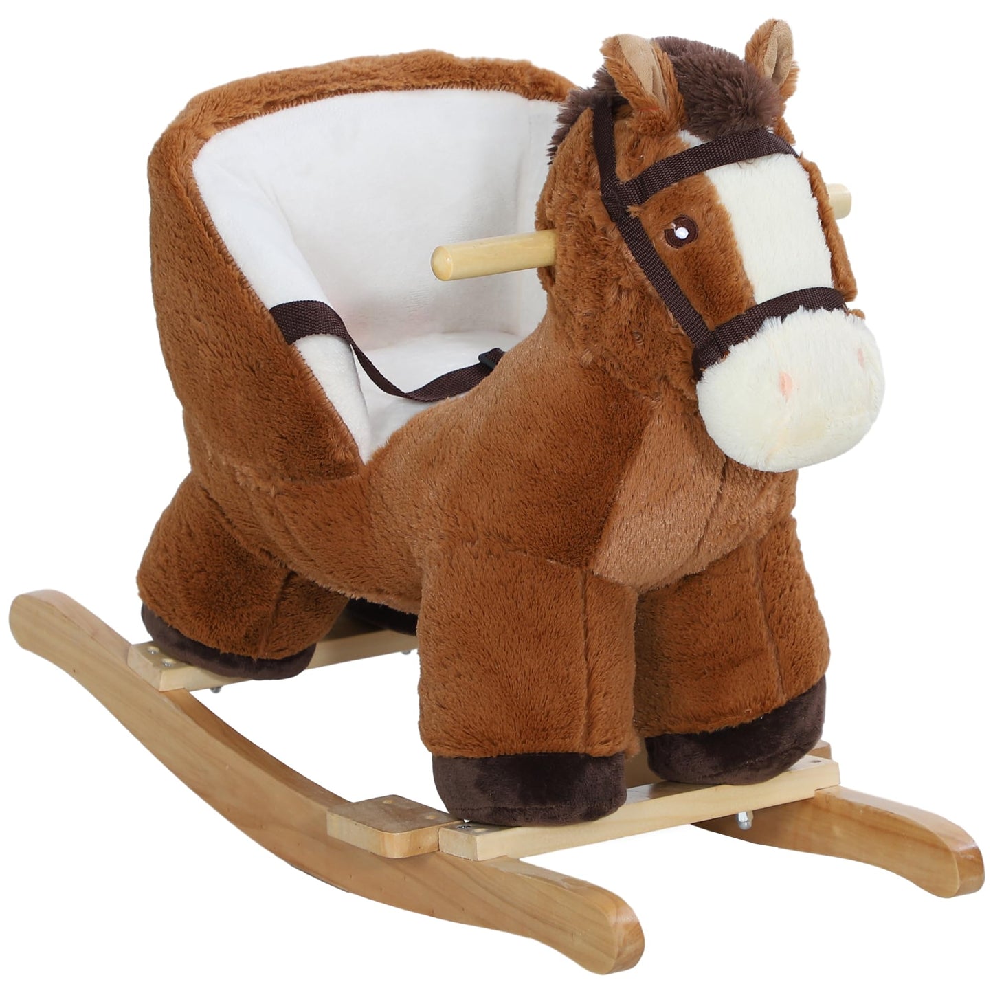 AIYAPLAY Cavallo a Dondolo per Bambini 18-36 Mesi, Cavallino in Peluche con Suoni, Base in Legno e Cintura di Sicurezza, Marrone