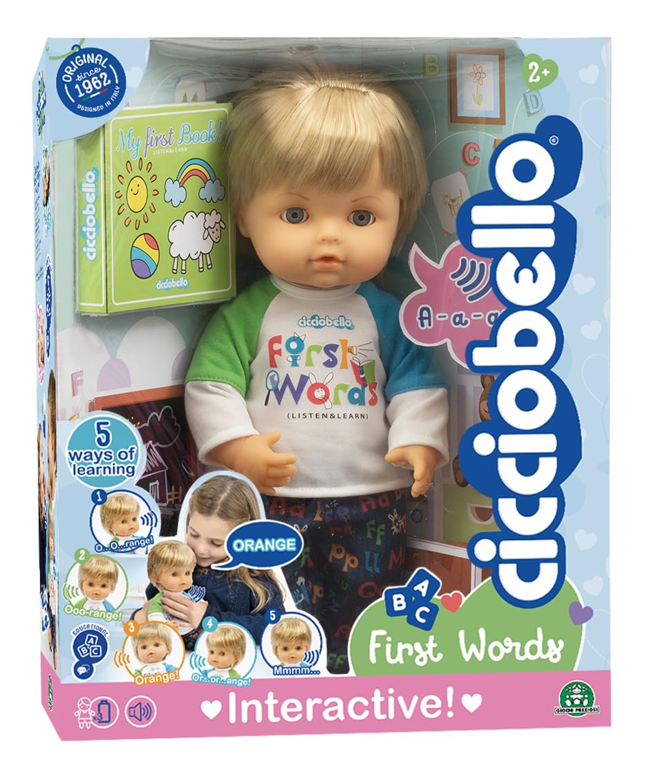 Cicciobello First Words: Bambola Interattiva 30 Cm, Ripete Le Parole Del Bambino In 5 Modi, Con Ciuccio E Libro Illustrato, Per Bambini A Partire Dai 2 Anni