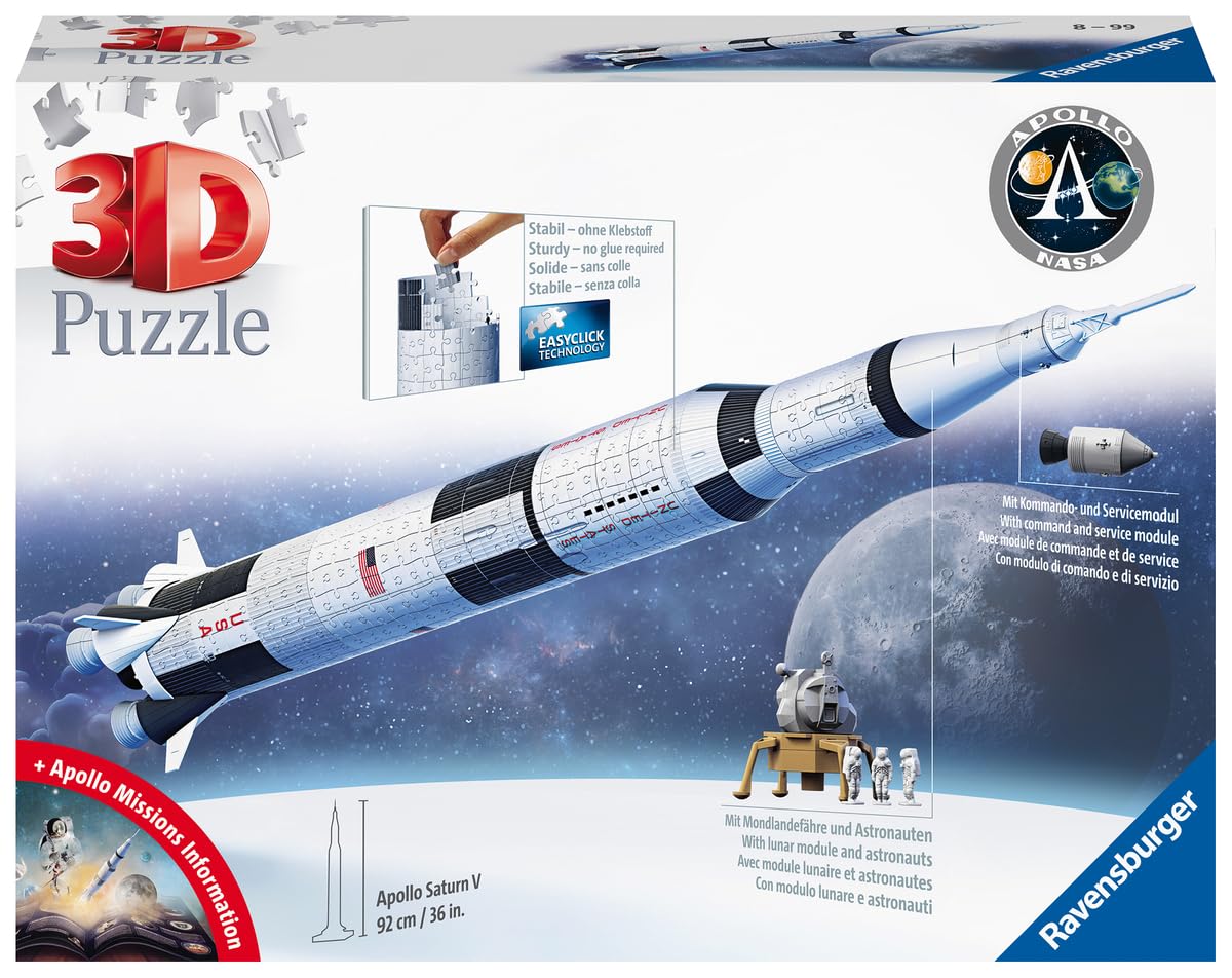 Ravensburger - Puzzle 3D, Apollo Saturn V Rocket, Razzo Spaziale, per Adulti e Bambini 8+ Anni, Idea Regalo, 440 Pezzi