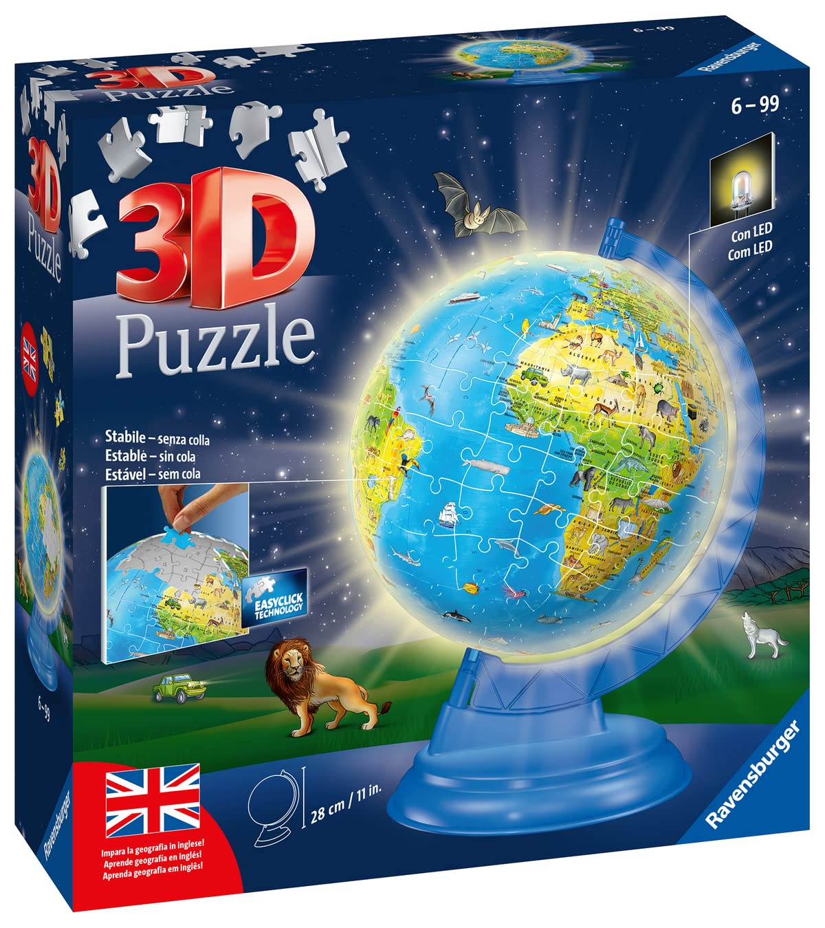 Ravensburger - Puzzle 3D, Globo Night Edition con Luce, Impara la Geografia in Inglese, per Adulti e Bambini 6+ Anni, Idea Regalo, 188 Pezzi