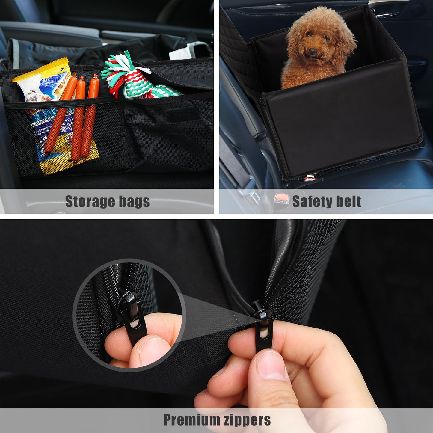 Pecute Seggiolino Auto per Cani(43x43x30 cm), Cuscino per seggiolino Auto Cane Impermeabile, Trasportini per Cani da Auto Sicuro e Protetto, Tasche Multiple, Adatto per Cani di Piccola e Media Taglia