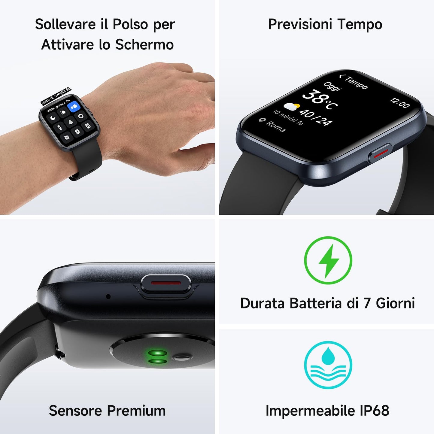 Smartwatch Uomo Donna con Chiamate Bluetooth, Alexa Integrato, 1.8” Orologio Smartwatch con 100 Sportive/Cardiofrequenzimetro/Sonno/SpO2, Impermeabil IP68 Fitness Tracker per iOS Android Regalo, Nero