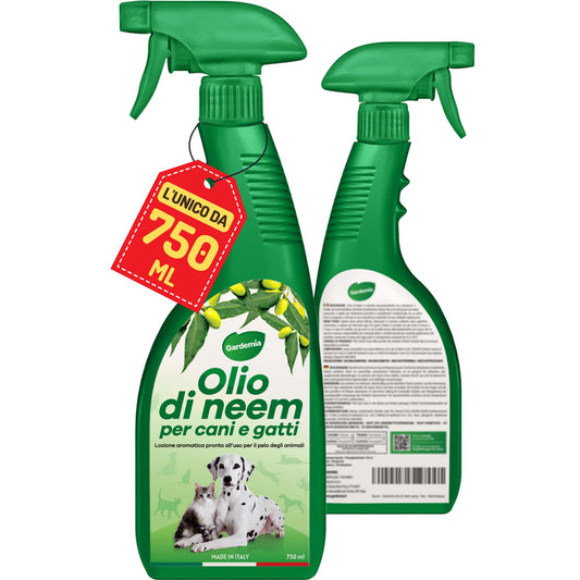 Gardemia Olio di Neem per Cani Gatti Spray 750ml Sgradito a Zecche Pulci Zanzare Insetti Azione Naturale Effetto Barriera abbinabile a Repellente Antipulci Antiparassitario Aroma Gradevole