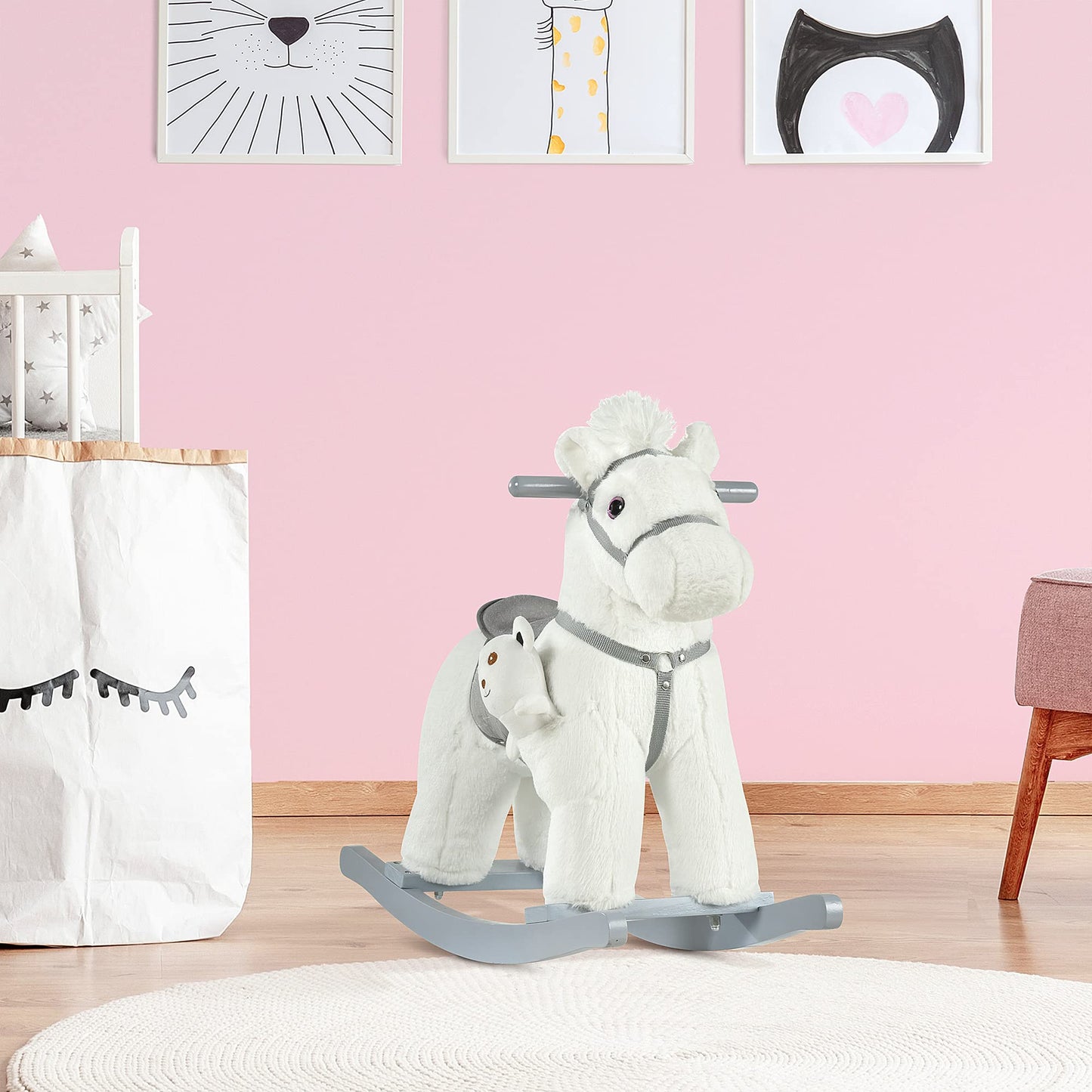 HOMCOM Cavallo a Dondolo per Bambini in Peluche e Legno con Suoni e Orsetto Incluso, per Bimbi da 18-36 Mesi, 65x26x55cm, Bianco