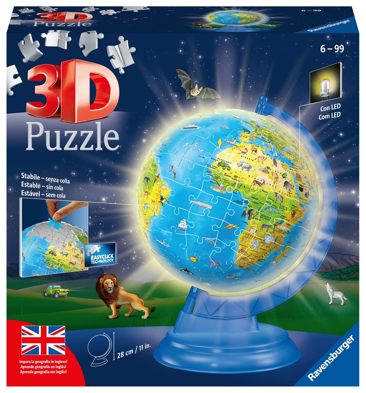 Ravensburger - Puzzle 3D, Globo Night Edition con Luce, Impara la Geografia in Inglese, per Adulti e Bambini 6+ Anni, Idea Regalo, 188 Pezzi