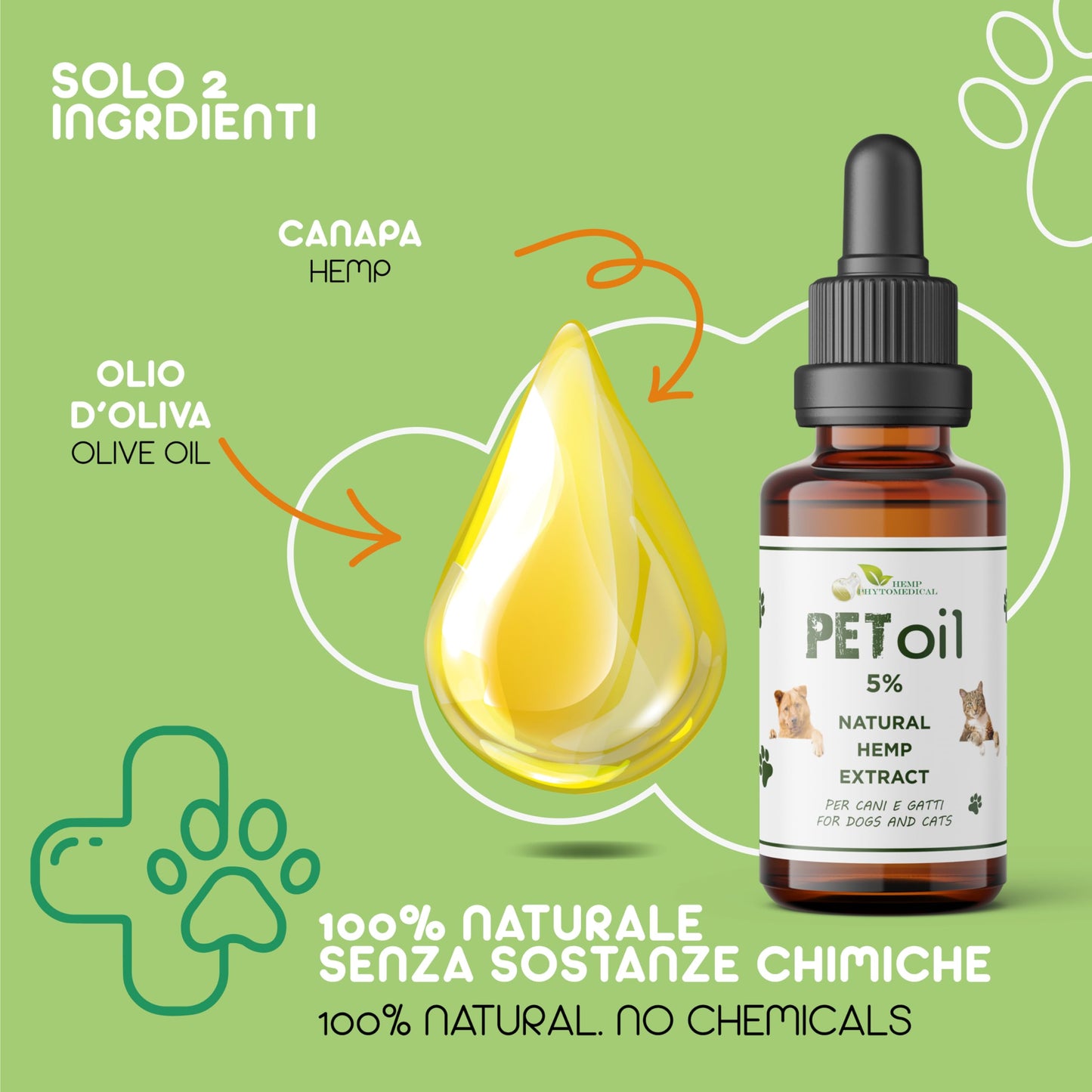 HEMP PHYTOMEDICAL Pet Oil 5% CBD Certificato - Olio di Canapa Biologico - Per il Benessere di Cani e Gatti. Puro Senza Sostanze Chimiche. Massima Tollerabilità 10 ml