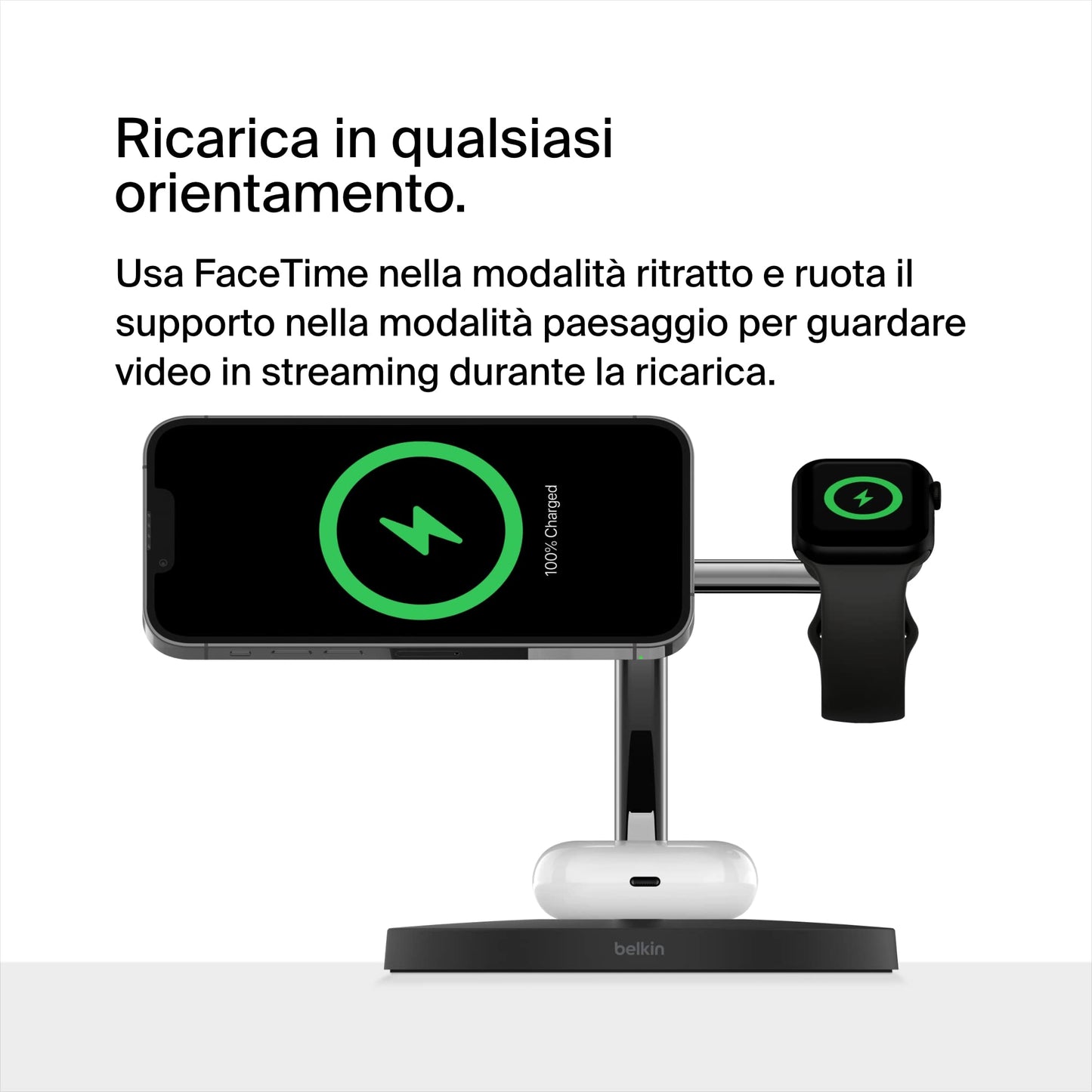 Belkin Caricabatterie wireless 3 in 1 con MagSafe, caricatore wireless rapida per iPhone (15 W) e per Apple Watch, stazione di ricarica per iPhone 16, 15, 14, 13, 12, Apple Watch e AirPods - nero