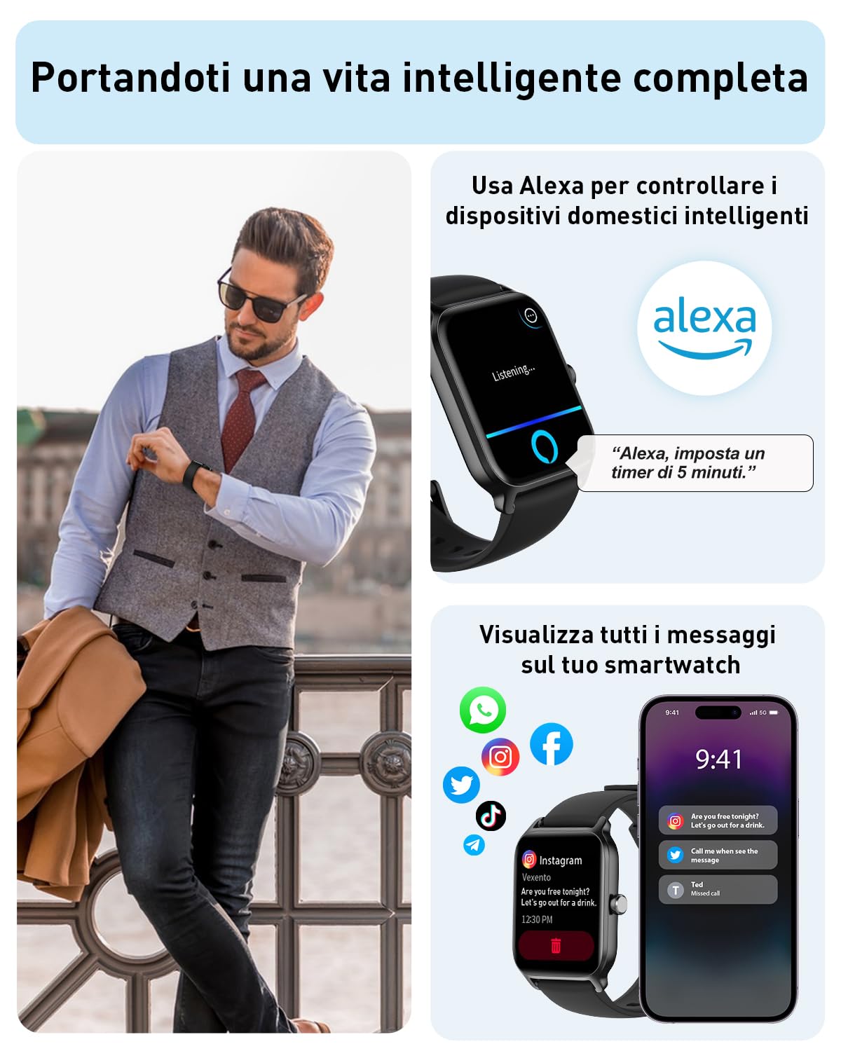 Smartwatch Uomo, 1.8" Orologio Smartwatch Chiamate e Risposta, Alexa Integrato Fitness Tracker con Contapassi Cardiofrequenzimetro SpO2 Sonno,110 Modalità Sport, Impermeabile IP68 per Android iOS