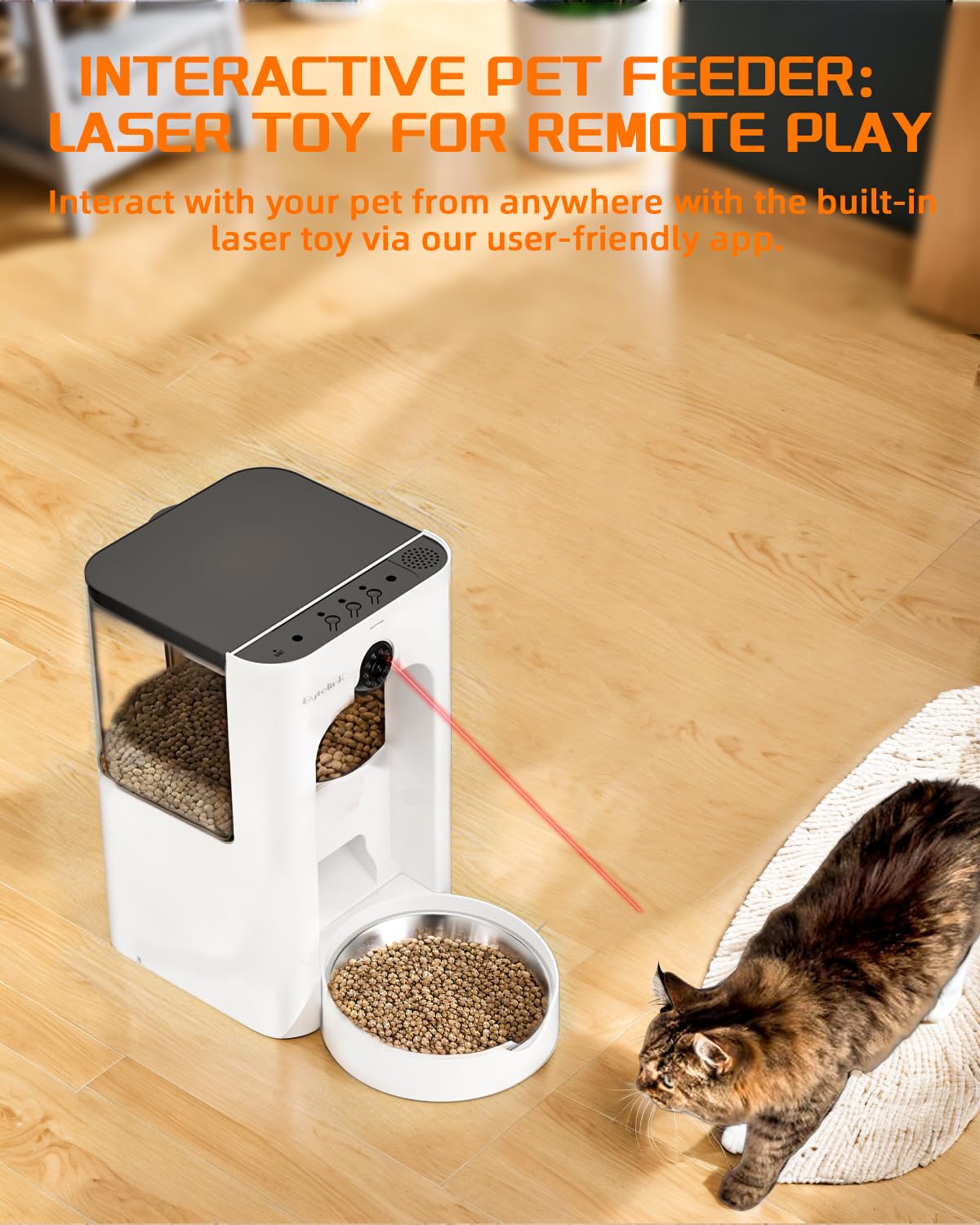 Distributore Automatico Cibo Gatti con Telecamera di Sorveglianza, 4L Dispenser Crocchette Gatto, Gioco Laser, Programma di Alimentazione Personalizzato, 15S Registrazione Vocale, Doppia Alimentazione