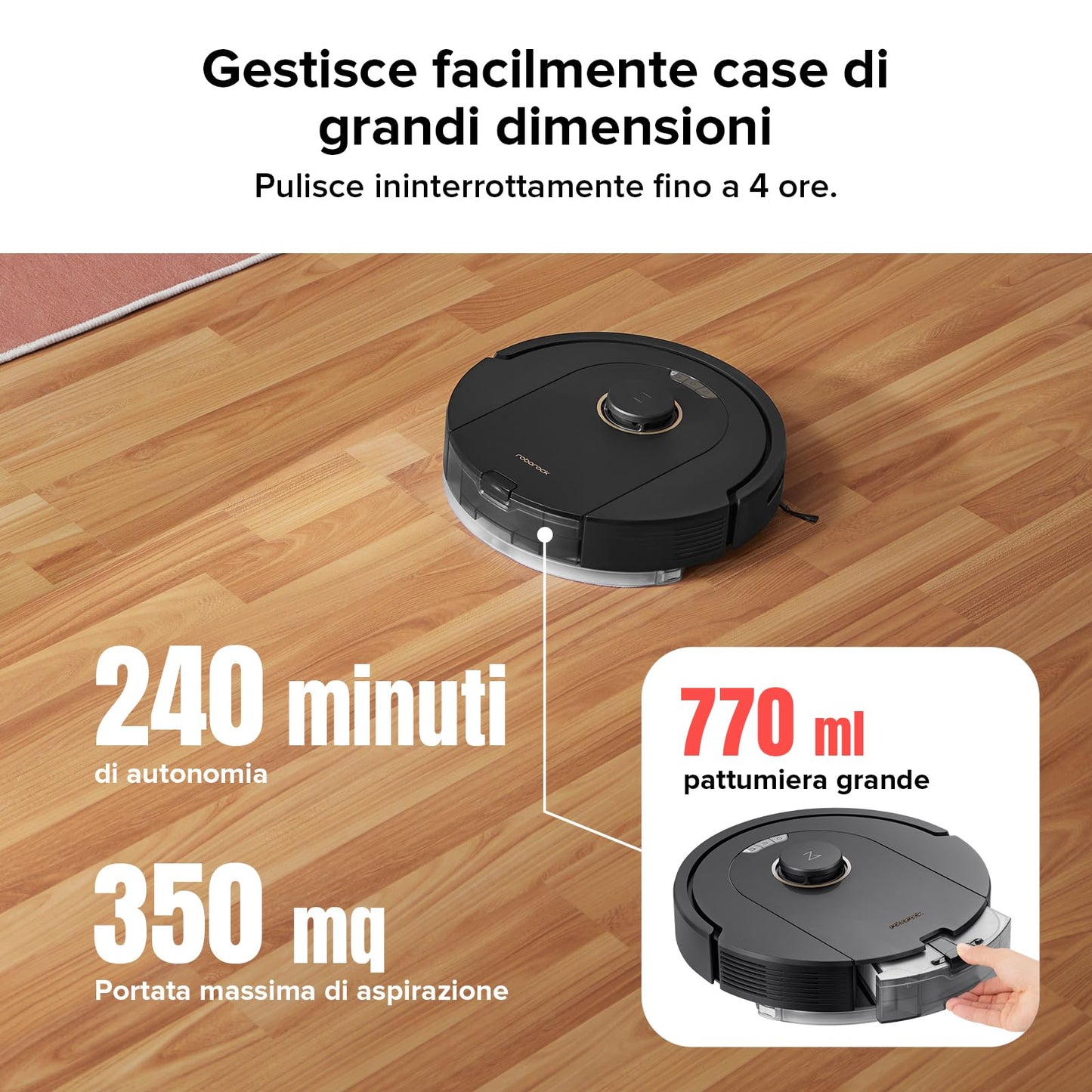 roborock Q5 Pro Robot Aspirapolvere Spazzola DuoRoller, 5500Pa, 770ml Cestino della Polvere, 180ml Serbatoio, Autonomia 240min, Aspirapolvere Lavapavimenti Navigazione LiDAR PreciSense, Alexa/APP