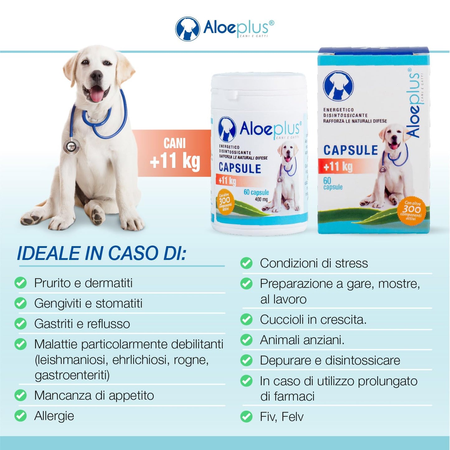 Aloeplus Capsule Cani 11+ kg. - Integratore Naturale a Base di Aloe arborescens Biologica Italiana per Il Benessere dei Cani da 11 kg. in su