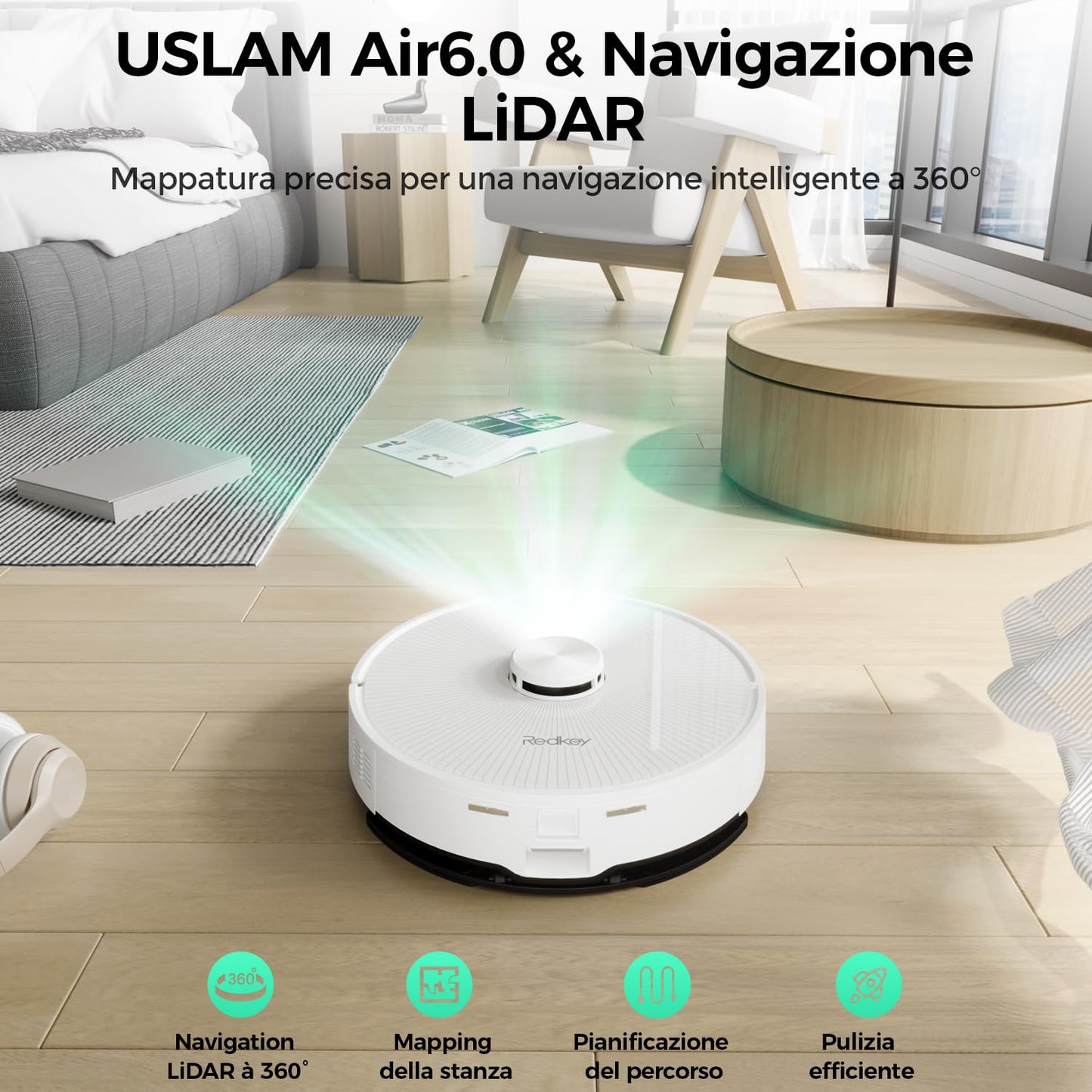 Redkey R10 Robot Aspirapolvere Lavapavimenti con Mappatura,Navigazione LiDAR, Con stazione di aspirazione e funzione di lavaggio, 4000Pa Potente Aspirazione, 150min, Controllo APP