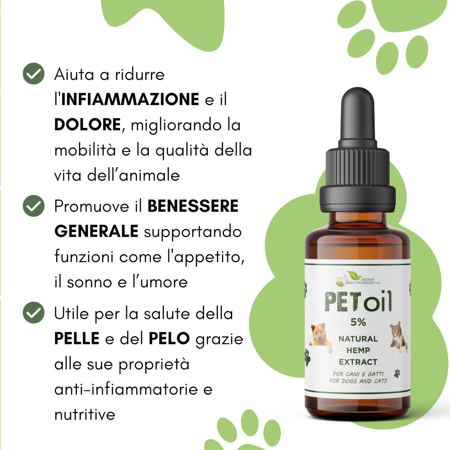 HEMP PHYTOMEDICAL Pet Oil 5% CBD Certificato - Olio di Canapa Biologico - Per il Benessere di Cani e Gatti. Puro Senza Sostanze Chimiche. Massima Tollerabilità 10 ml