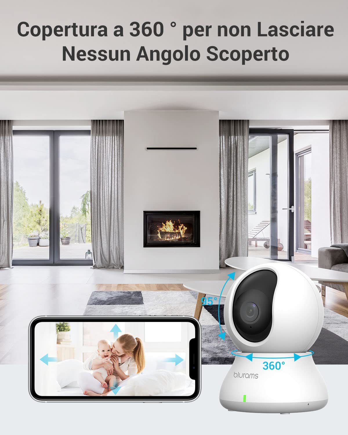 blurams Telecamera Wi-Fi Interno,2K Videocamera Sorveglianza,Rotazione a 360°,Visione Notturna, Tracciamento del Movimento,Audio Bidirezionale Compatibile con Alexa (2,4GHz/5GHz)