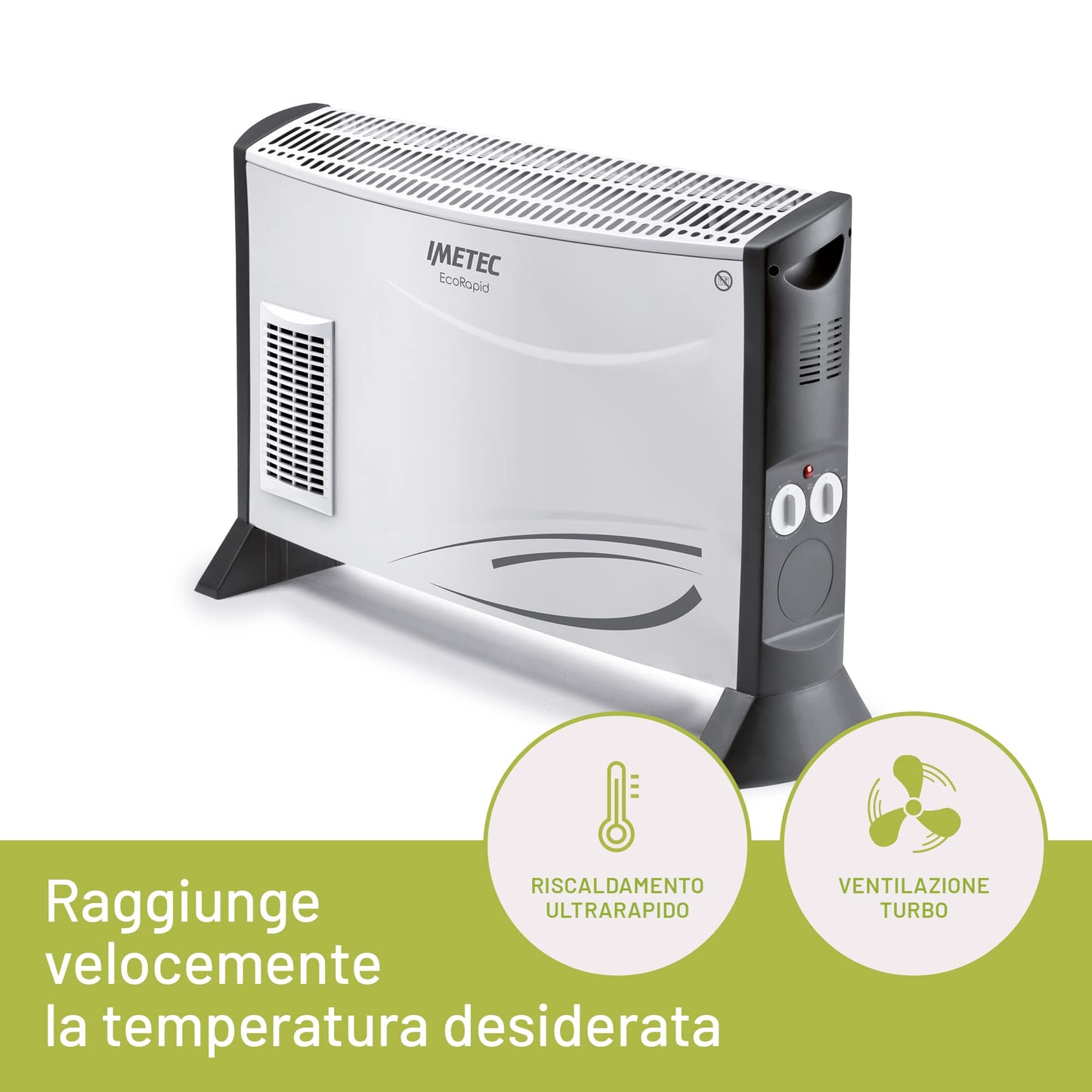 Imetec Eco Rapid, Stufa Elettrica 2000 W, Tecnologia a Basso Consumo Energetico, Termoconvettore 4 Temperature, Termostato Ambiente, Silenzioso