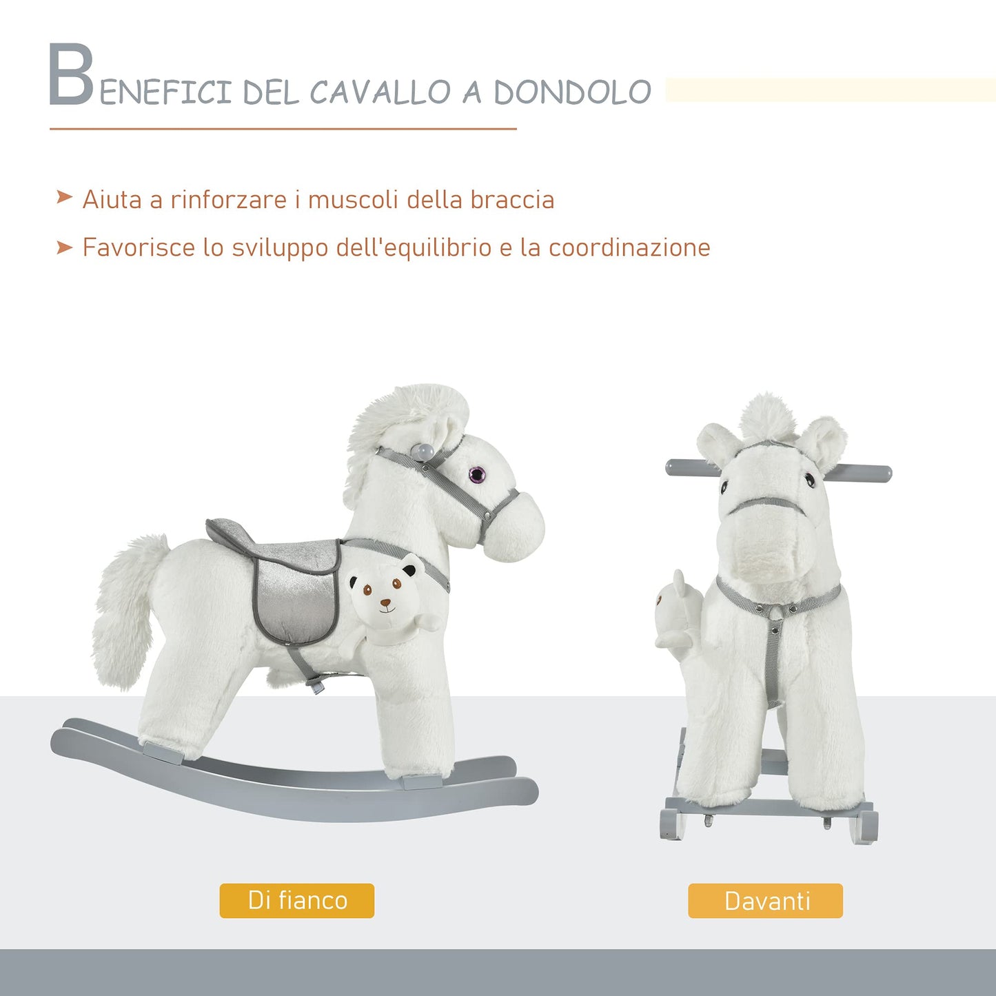 HOMCOM Cavallo a Dondolo per Bambini in Peluche e Legno con Suoni e Orsetto Incluso, per Bimbi da 18-36 Mesi, 65x26x55cm, Bianco