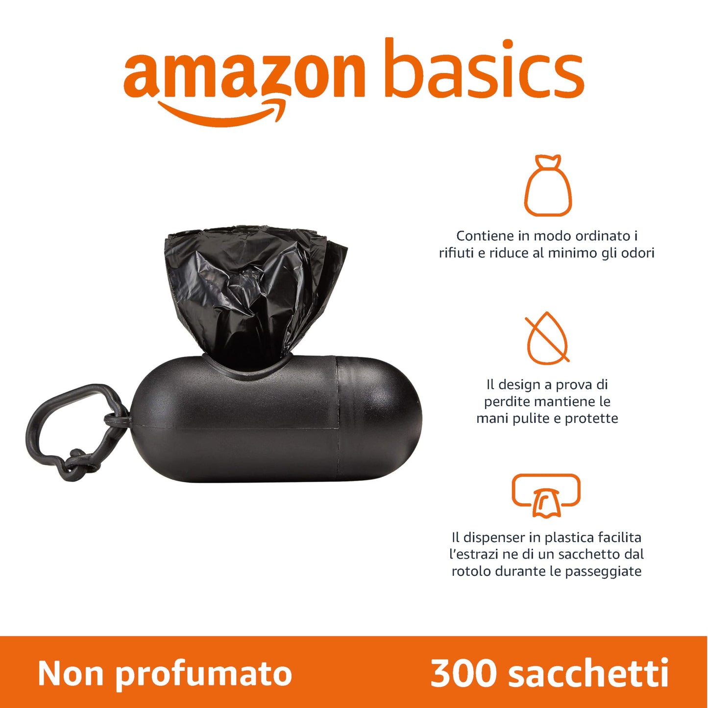 Amazon Basics Sacchetti per bisogni dei cani, con dispenser e clip per guinzaglio, Senza profumazione, 300 unità, 20 confezioni da 15