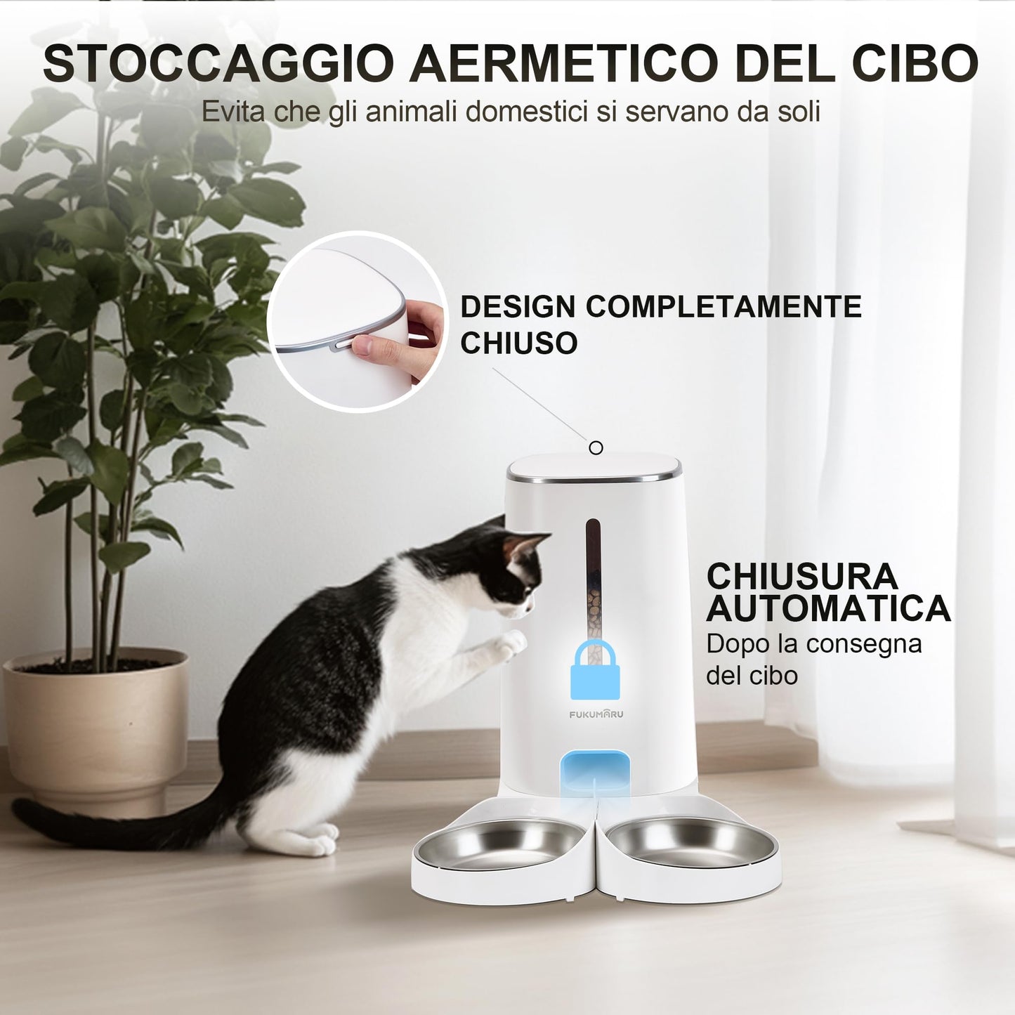 FUKUMARU Distributore Automatico Cibo Gatti, 4L Distributore Cibo Cani con 2 Ciotole in Acciaio Inox, 10 Pasti al Giorno e Controllo del Timer,Consumato per Circa 20 giorni.2.4G WiFi. USB e Batterie