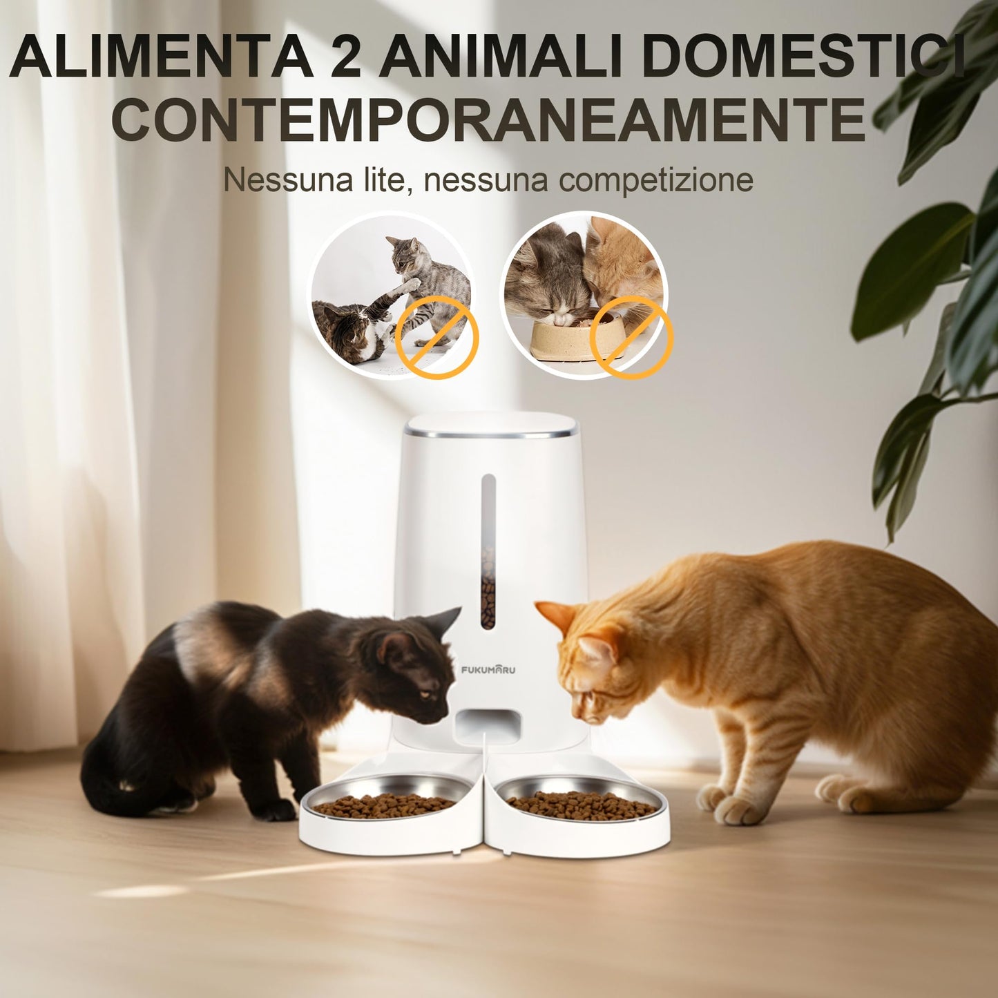 FUKUMARU Distributore Automatico Cibo Gatti, 4L Distributore Cibo Cani con 2 Ciotole in Acciaio Inox, 10 Pasti al Giorno e Controllo del Timer,Consumato per Circa 20 giorni.2.4G WiFi. USB e Batterie