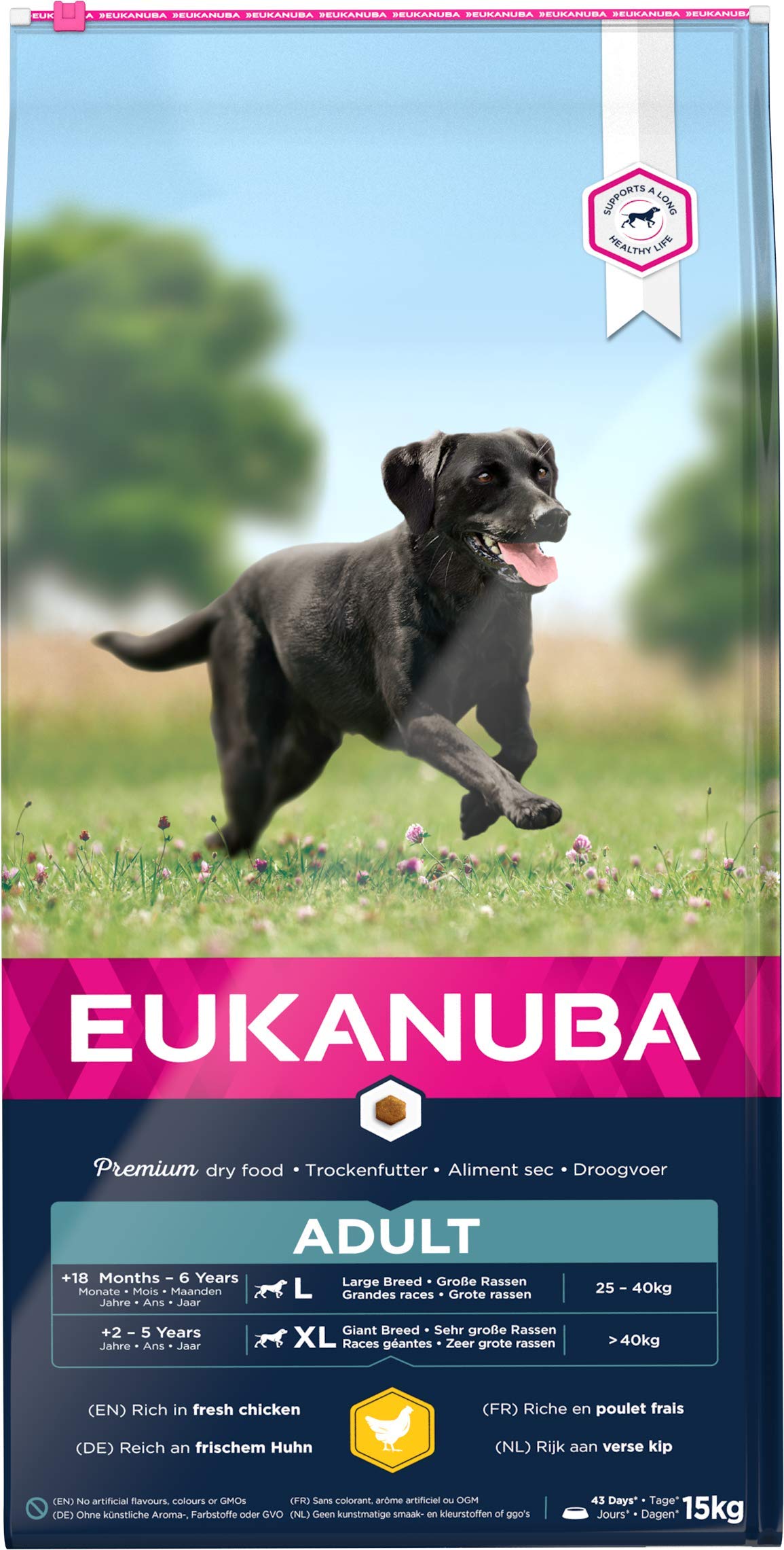 Eukanuba - Cibo premium per cani adulti di taglia grande - 100% completo ed equilibrato - Senza proteine vegetali nascoste, OGM, conservanti o aromi artificiali - 15 kg