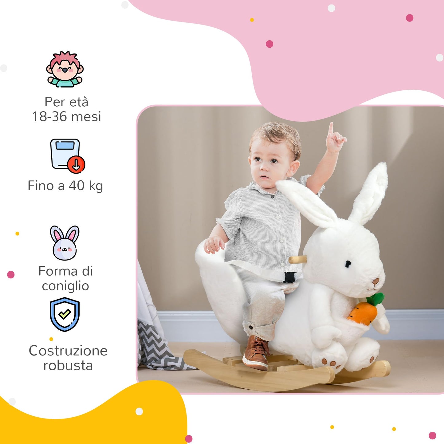 HOMCOM Cavallo a Dondolo per Bambini da 18-36 Mesi, Gioco per Bambini Cavalcabile con Suoni Realistici, 60x33x50 cm, Bianco